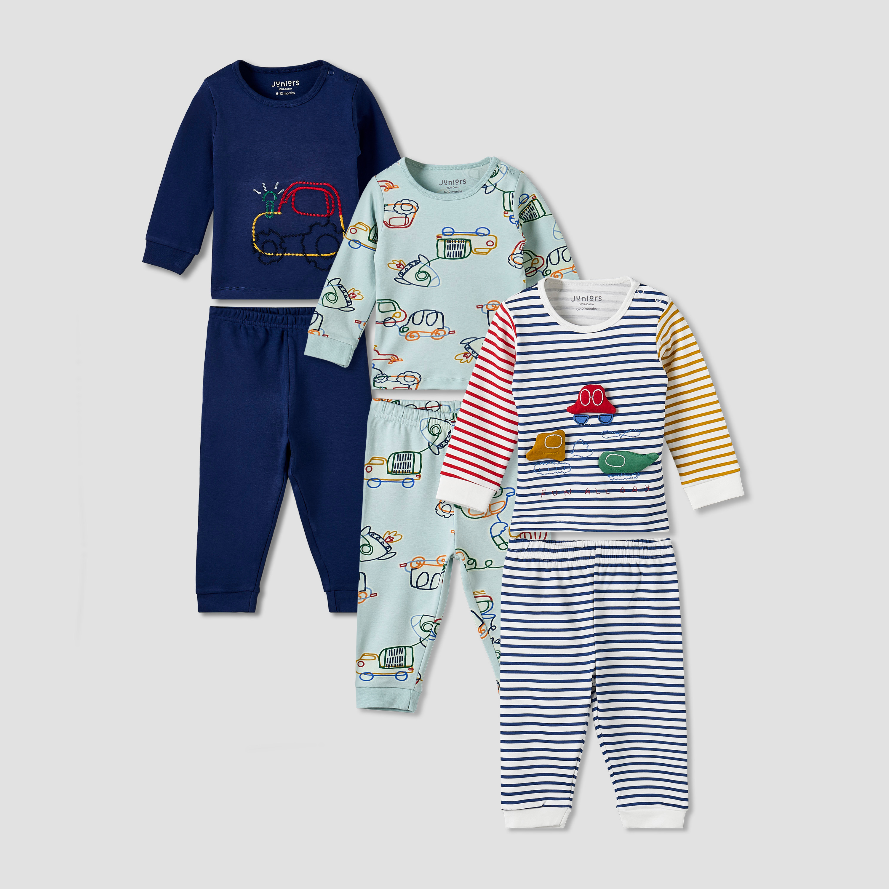 Pack of 3 Juniors Cotton Round Neck Long Sleeve Pyjama Set with Snap Button Closure-baby-boys-clothing-nightwear-pyjamasets-image-1