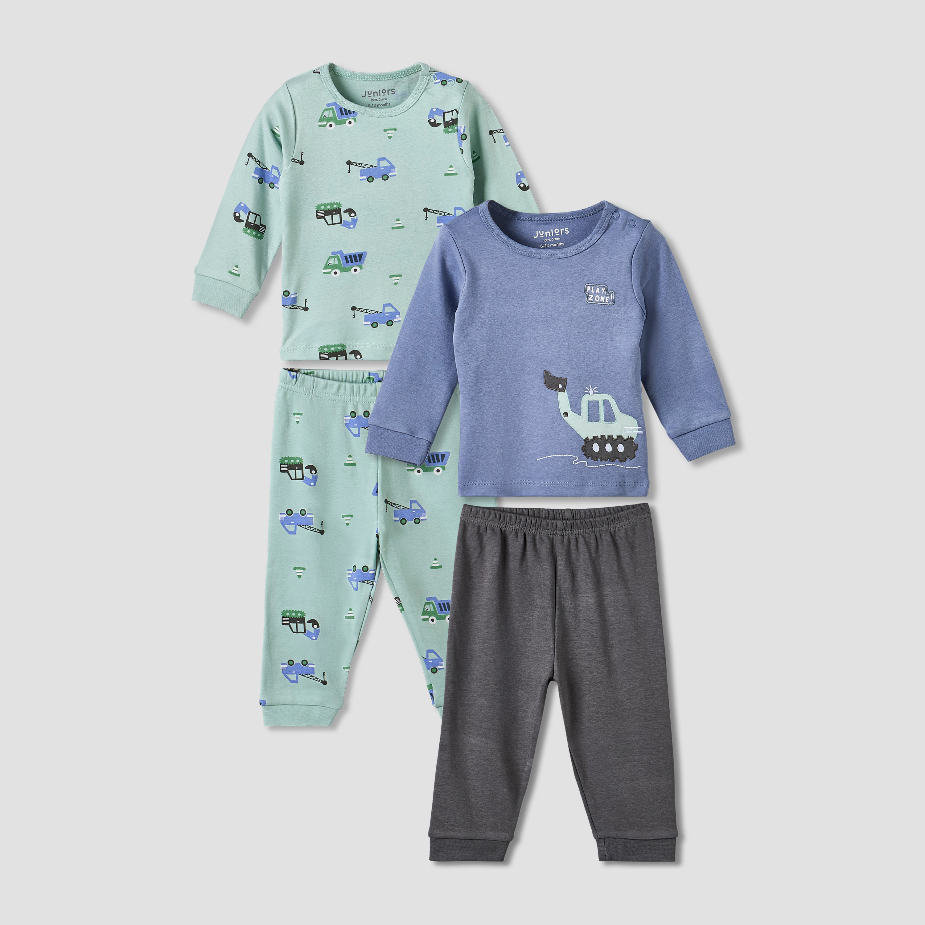 Pack of 2 Juniors Cotton Crew Neck Long Sleeve Pyjama Set with Vehicle Print-baby-boys-clothing-nightwear-pyjamasets-image-1