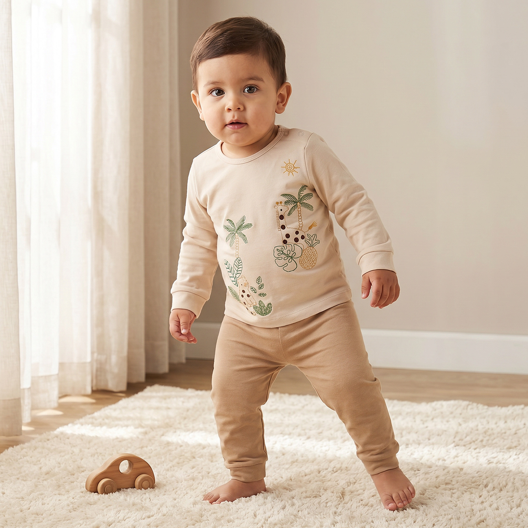 طقم بيجاما قطن بأكمام طويلة وياقة ضيقة بطبعات سفاري من جونيورز - طقم من قطعتين-baby-boys-clothing-nightwear-pyjamasets-image-2