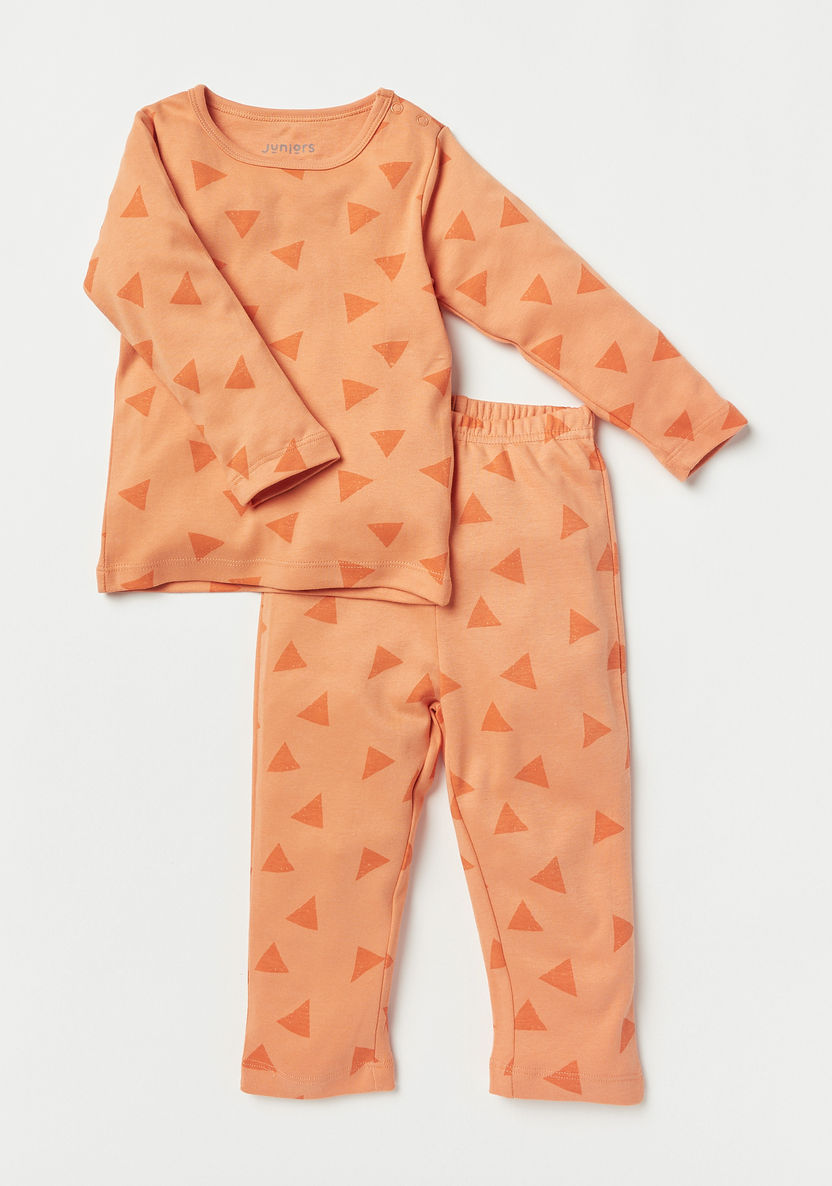 Juniors All-Over Triangle Print Long Sleeves T-shirt and Pyjama Set-Pyjama Sets-image-0