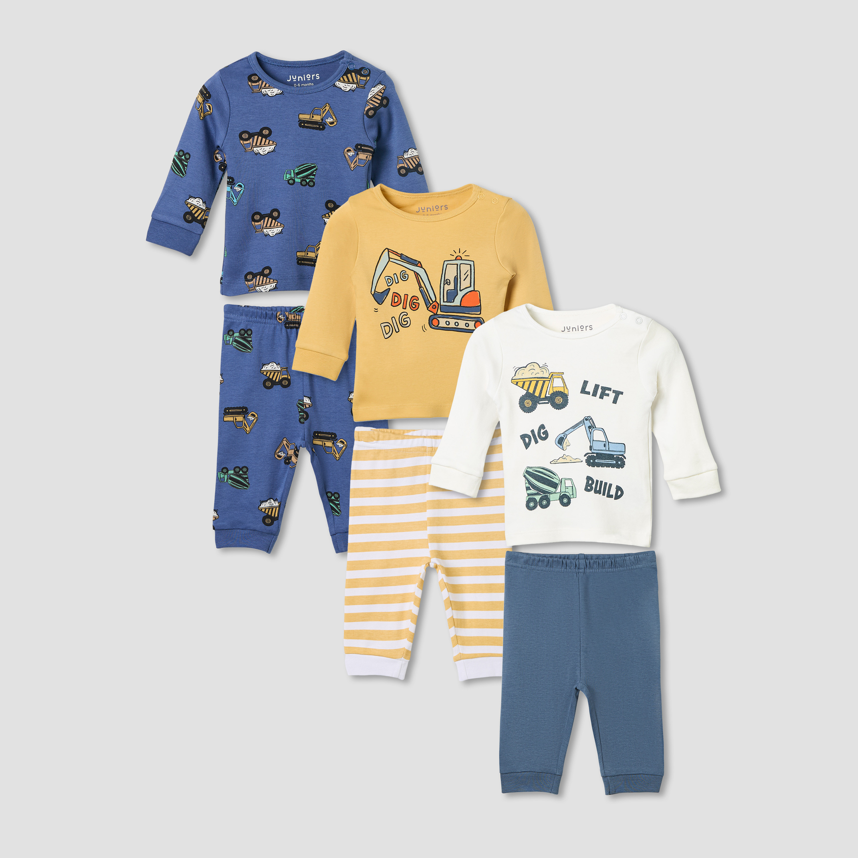 Juniors Pyjama Set with Construction Print - Cotton - Long Sleeves - Round Neck - Set of 3-baby-boys-clothing-nightwear-pyjamasets-image-1