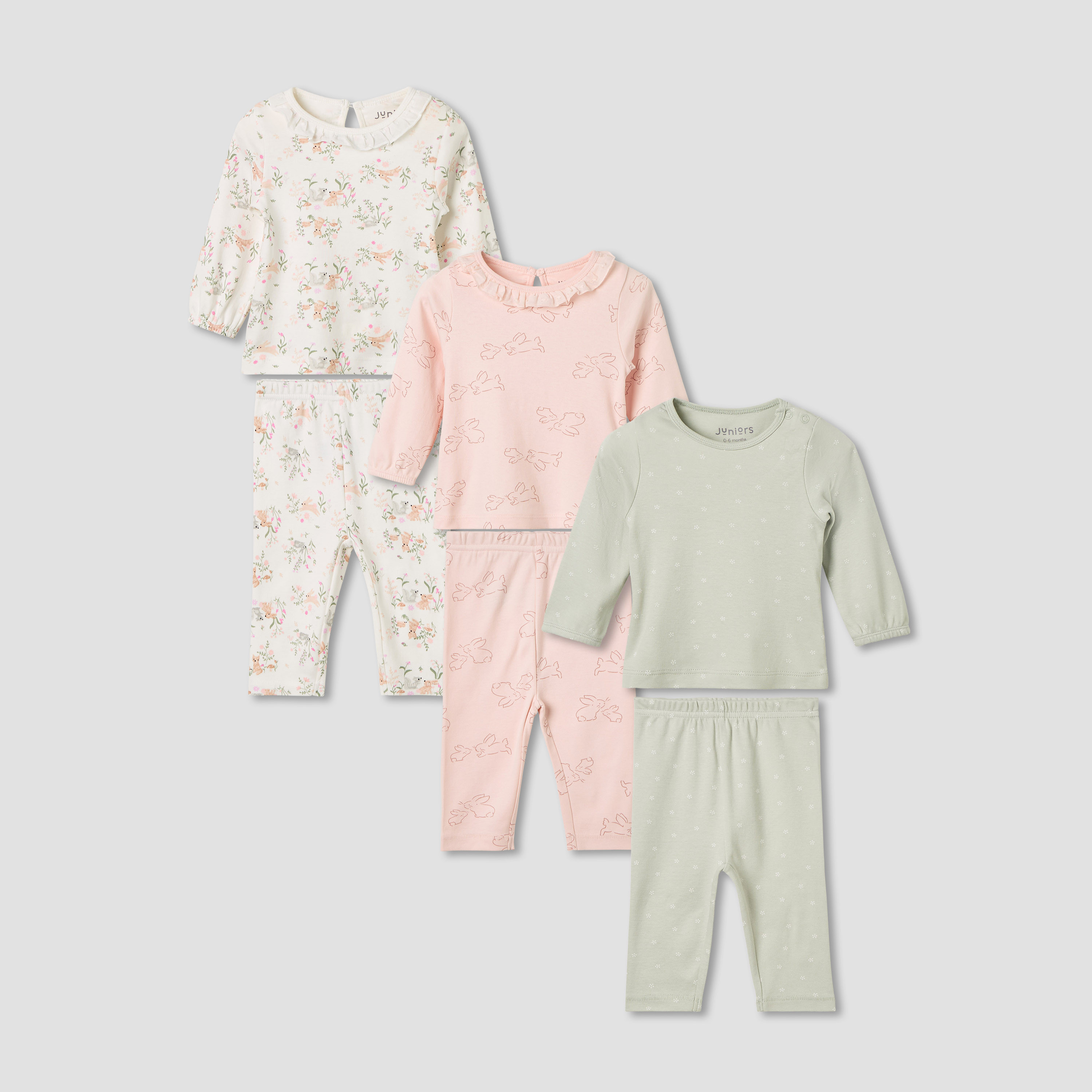 Juniors Pyjama Set with Assorted Prints - Cotton - Long Sleeves - Round Neck - Set of 3-baby-girls-clothing-nightwear-pyjamasets-image-1