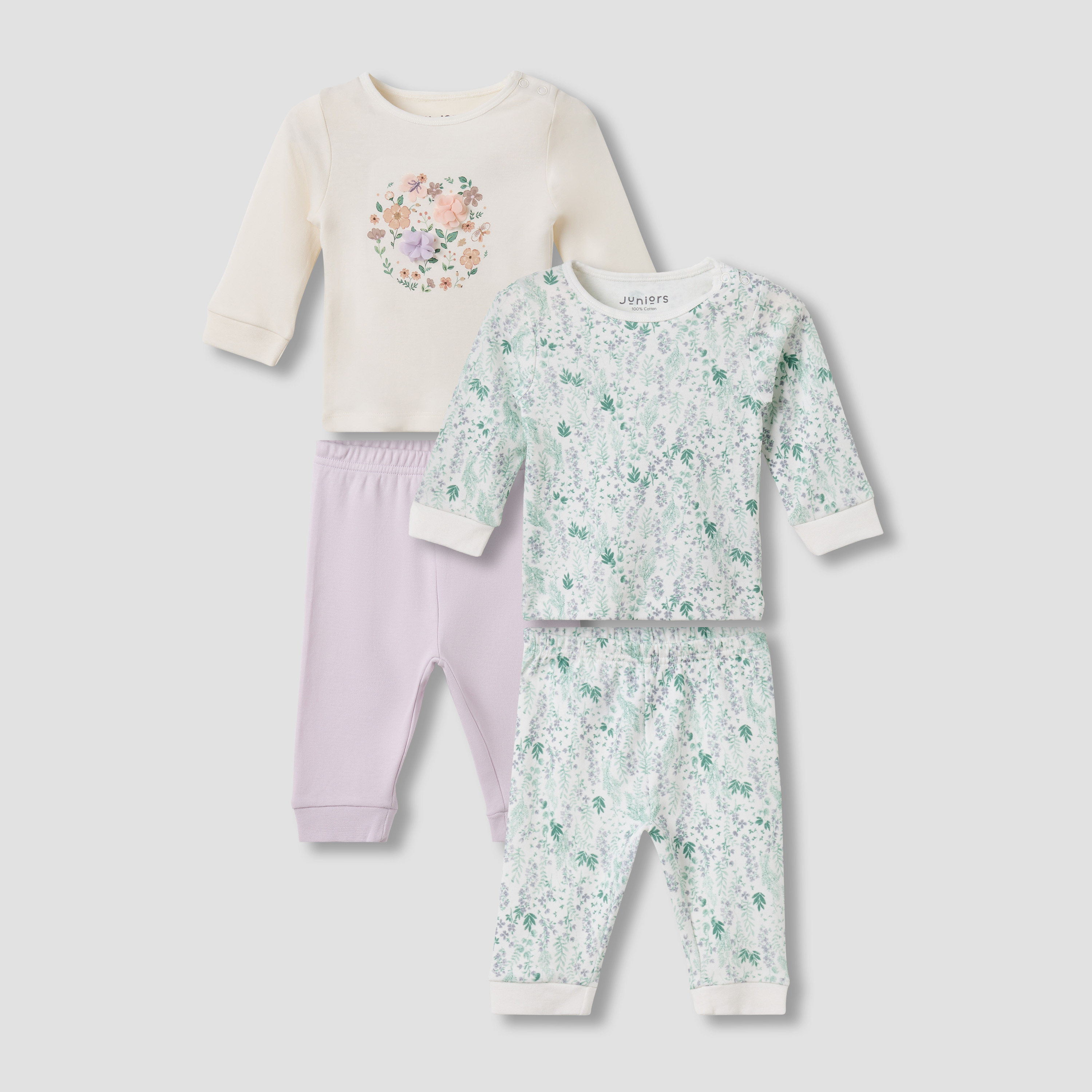Set of 2 Juniors Cotton Round Neck Long Sleeves Pyjama Set with Floral Print-baby-girls-clothing-nightwear-pyjamasets-image-1