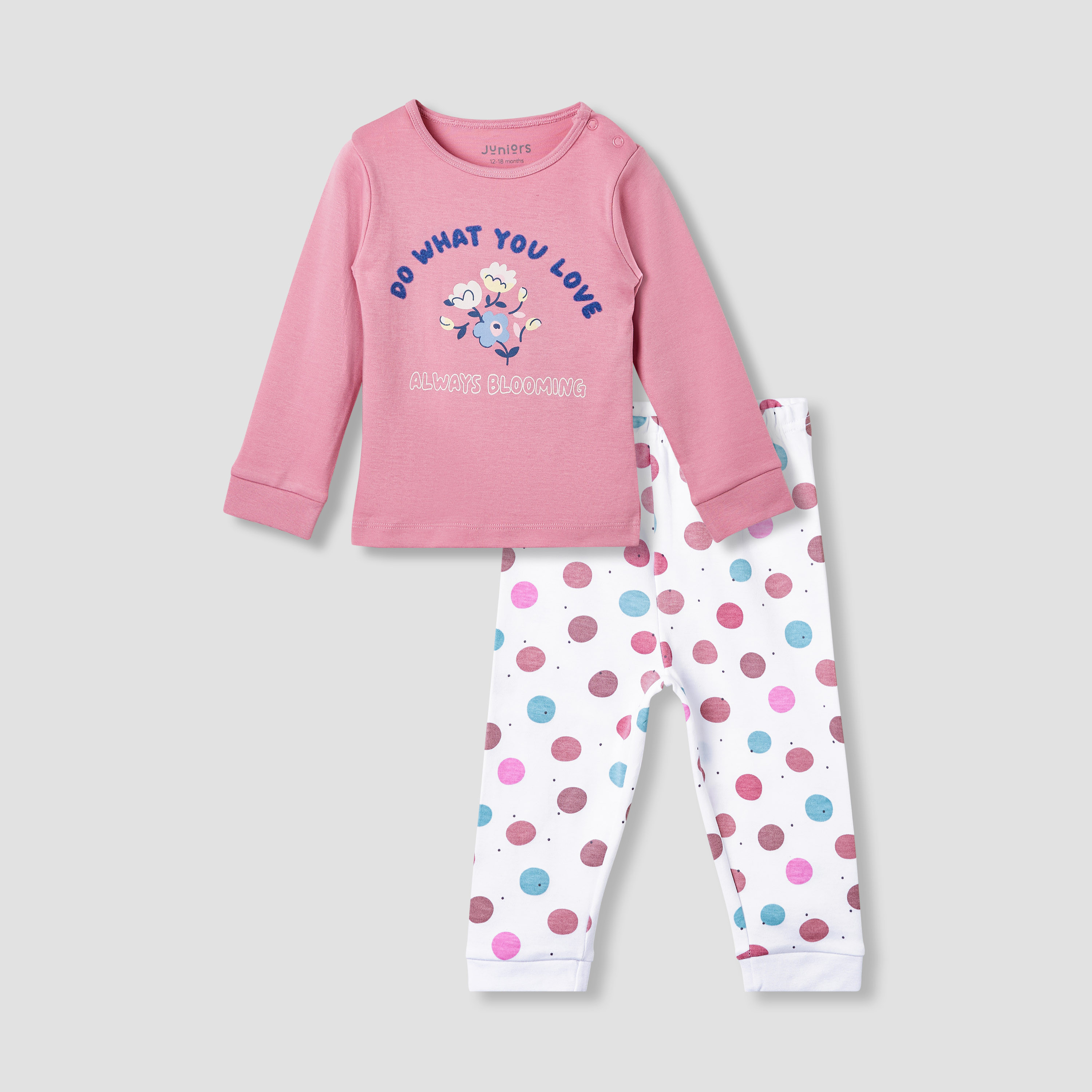 Juniors Embroidered T-shirt and Printed Pyjama Set-baby-girls-clothing-nightwear-pyjamasets-image-1