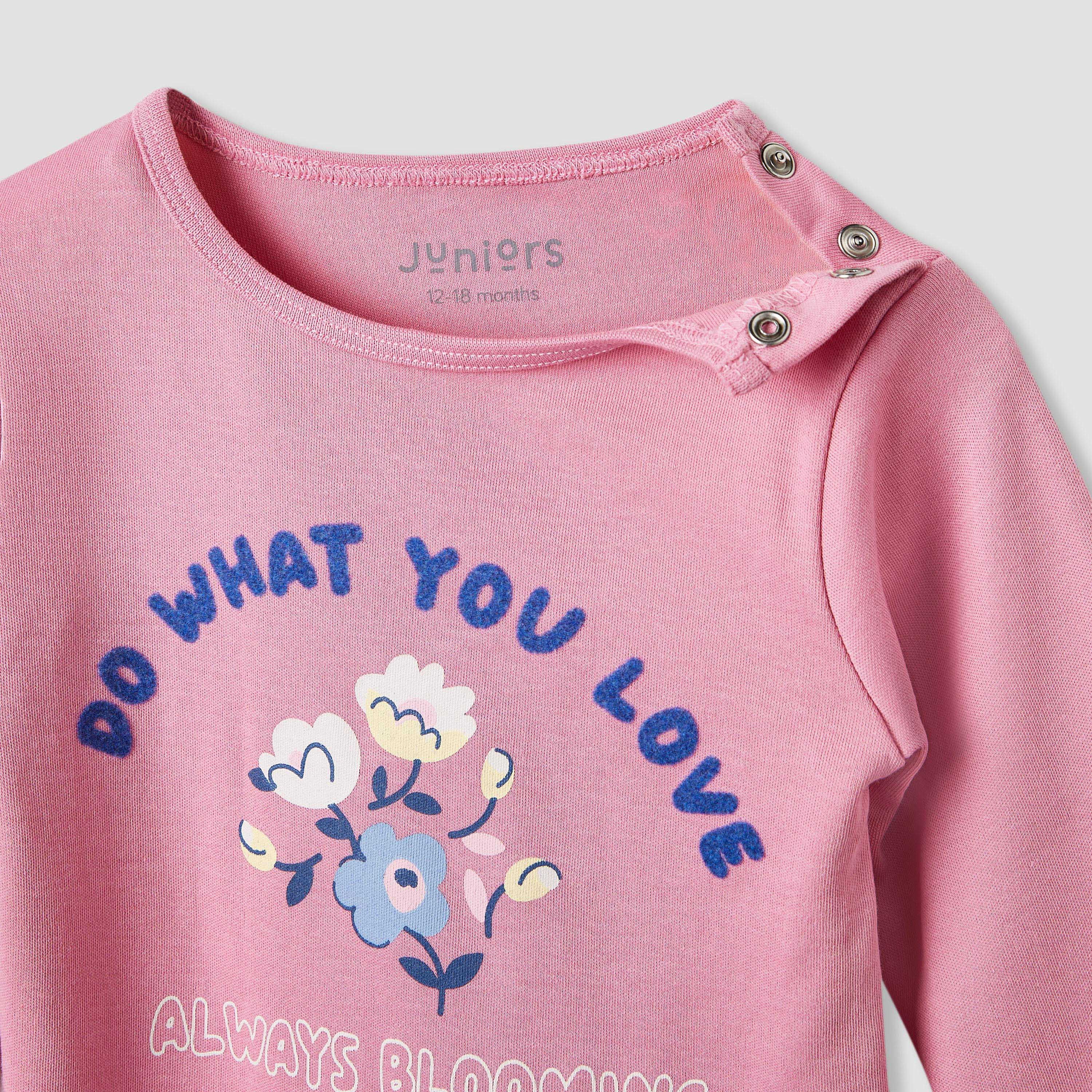 Juniors Embroidered T-shirt and Printed Pyjama Set-baby-girls-clothing-nightwear-pyjamasets-image-4