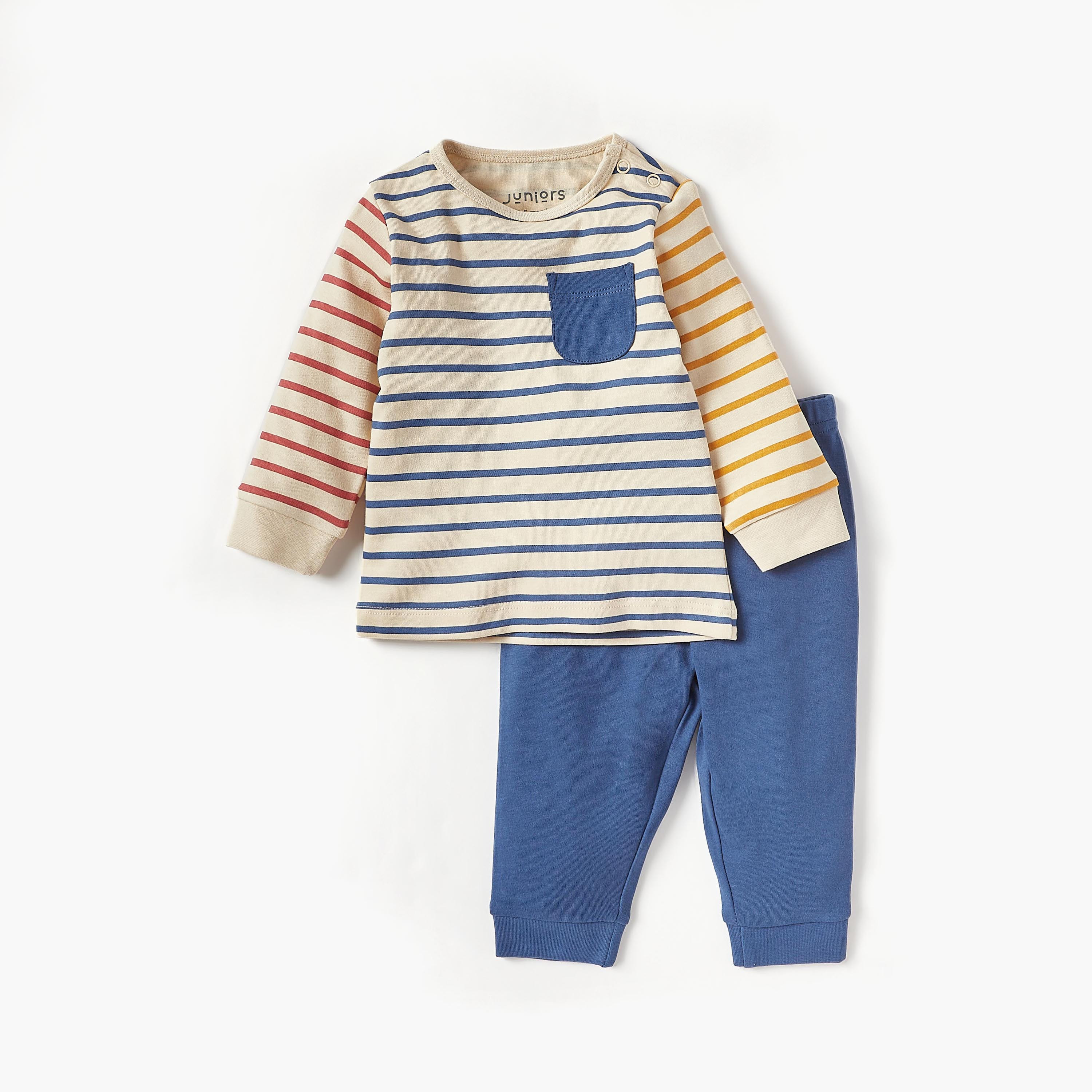 طقم تيشيرت مخطط بأكمام طويلة مع بنطلون بيجاما من جونيورز-baby-boys-clothing-nightwear-pyjamasets-image-1
