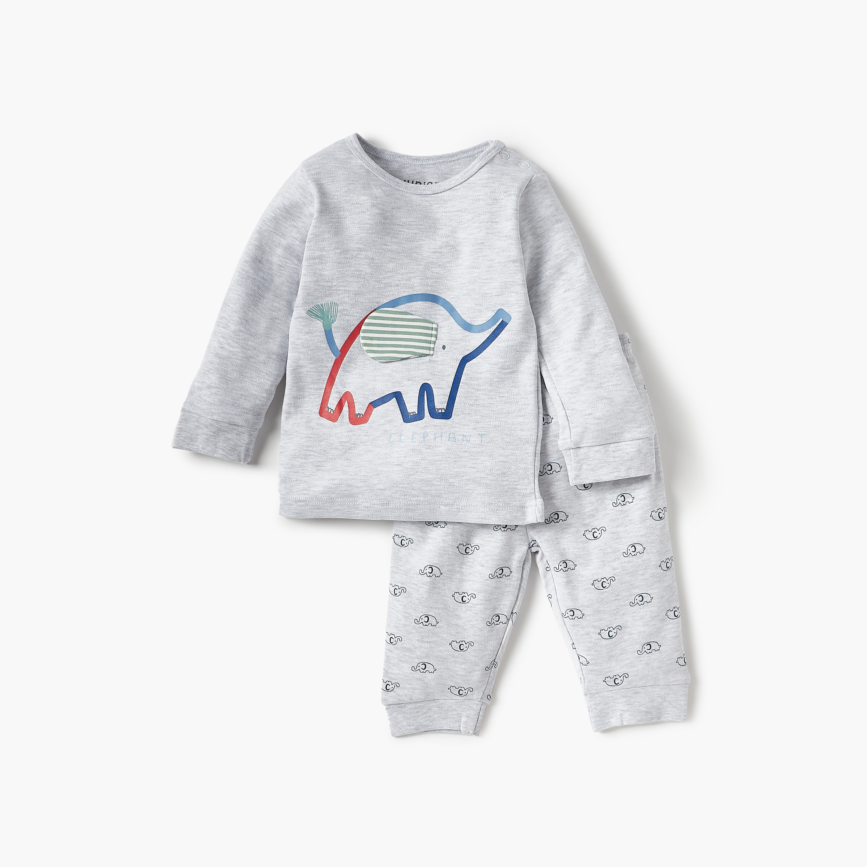 Juniors Elephant Print Long Sleeves T-shirt and Elasticated Pyjama Set-baby-boys-clothing-nightwear-pyjamasets-image-1