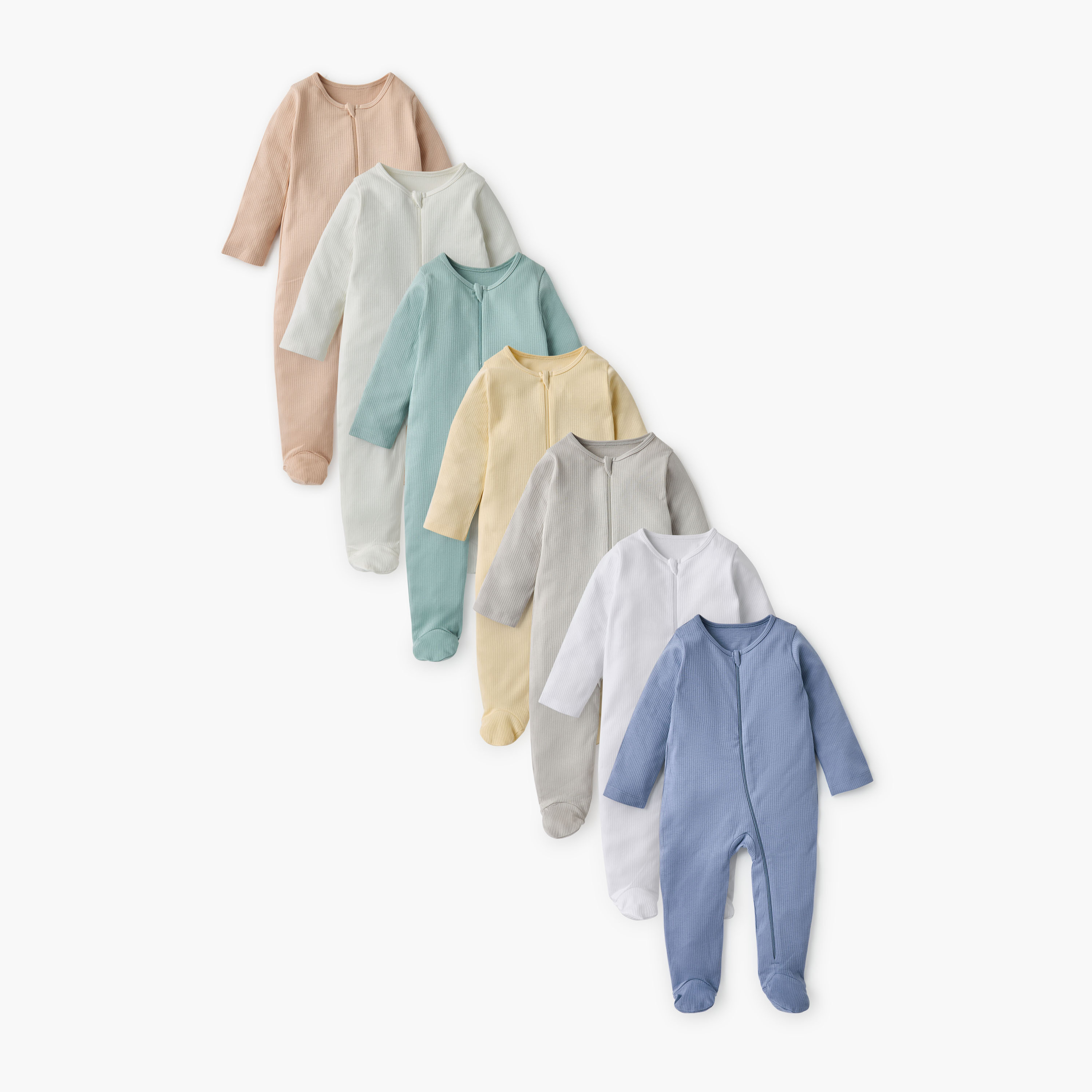 Juniors Ribbed Sleepsuit with Zip Closure and Long Sleeves - Set of 7-baby-boys-clothing-nightwear-sleepsuits-image-1