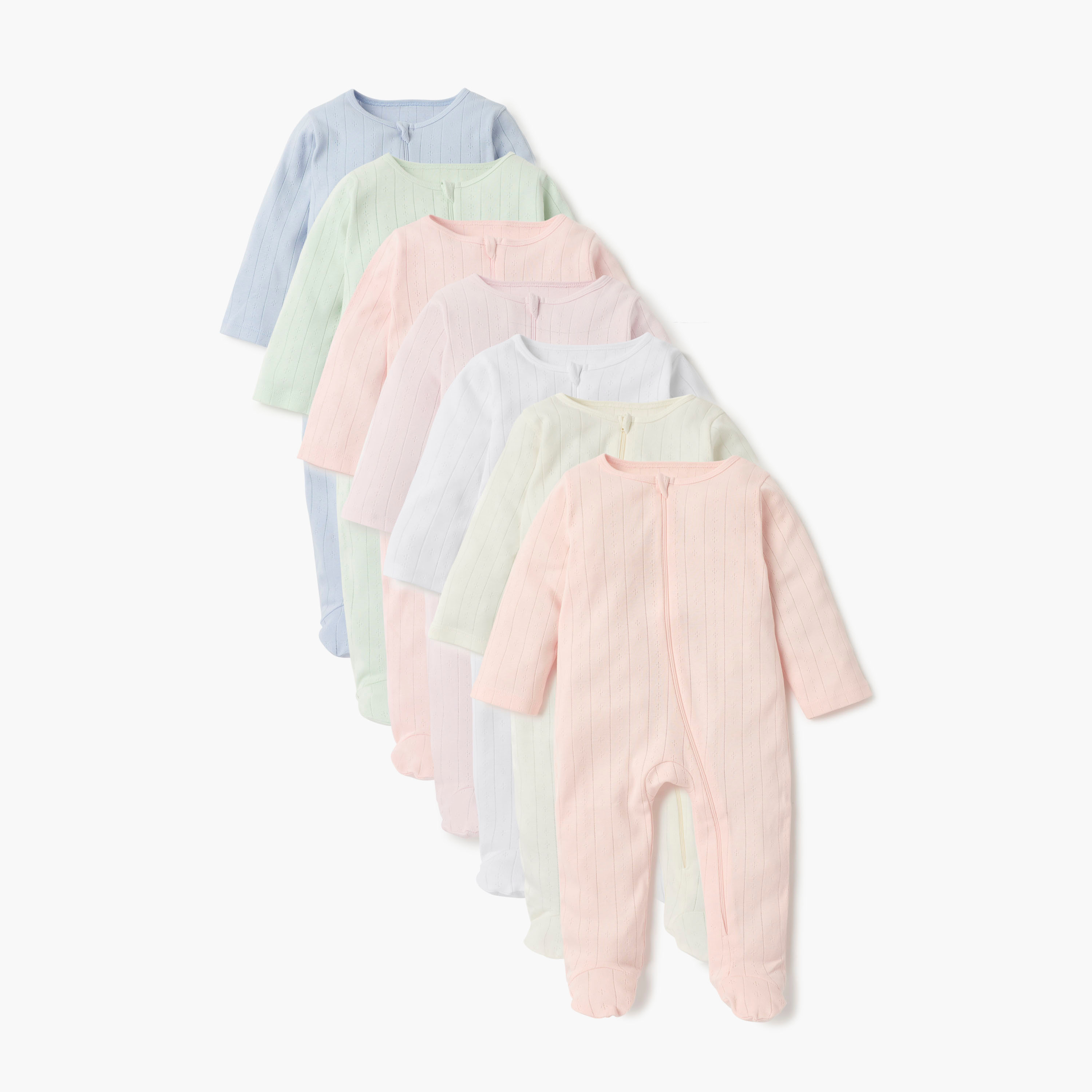Juniors Striped Closed Feet Sleepsuit with Long Sleeves - Set of 7-baby-girls-clothing-nightwear-sleepsuits-image-1