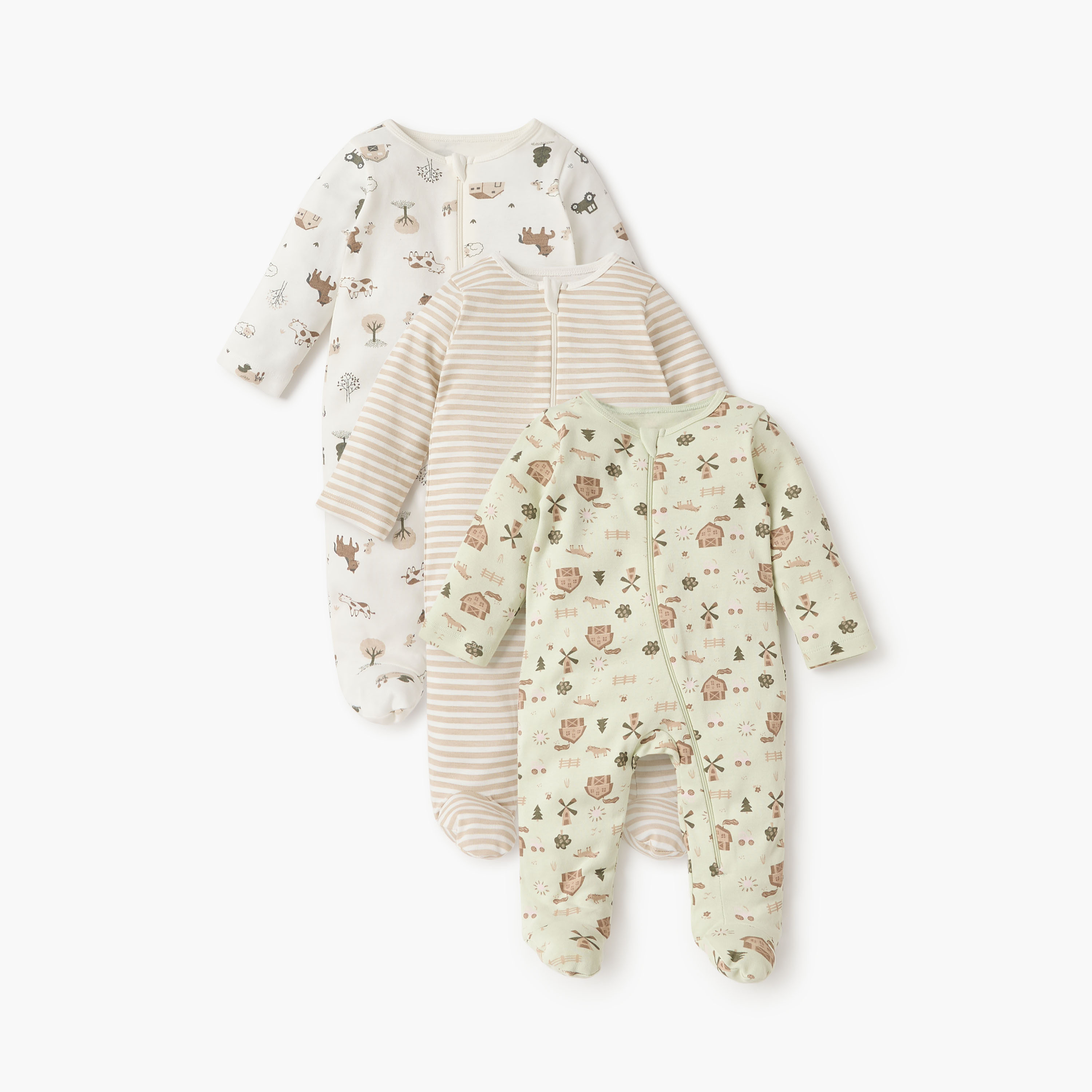 Juniors Printed Sleepsuit with Round Neck and Zip Closure - Set of 3-baby-girls-clothing-nightwear-sleepsuits-image-1