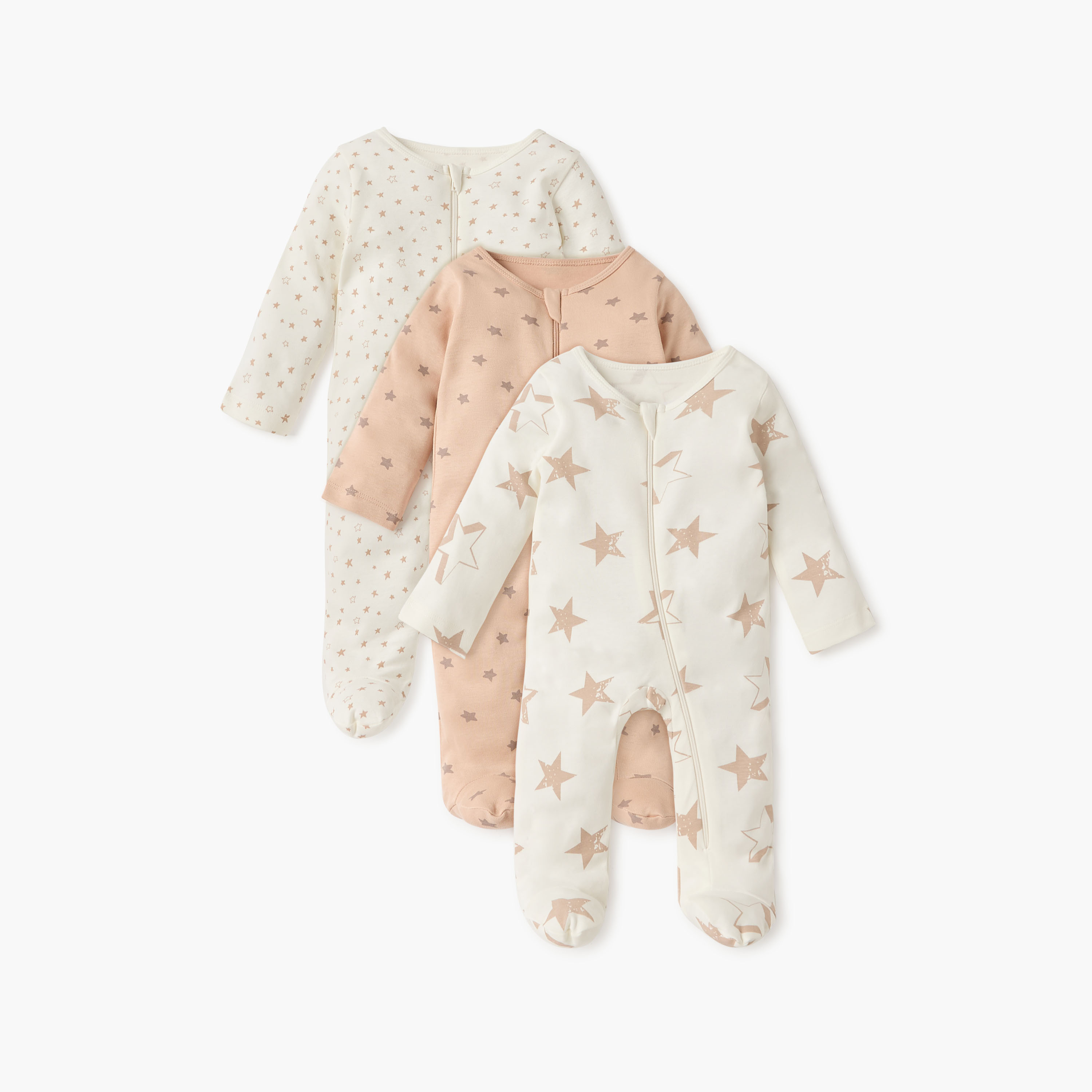 Juniors Star Print Sleepsuit with Round Neck and Zip Closure - Set of 3-baby-girls-clothing-nightwear-sleepsuits-image-1