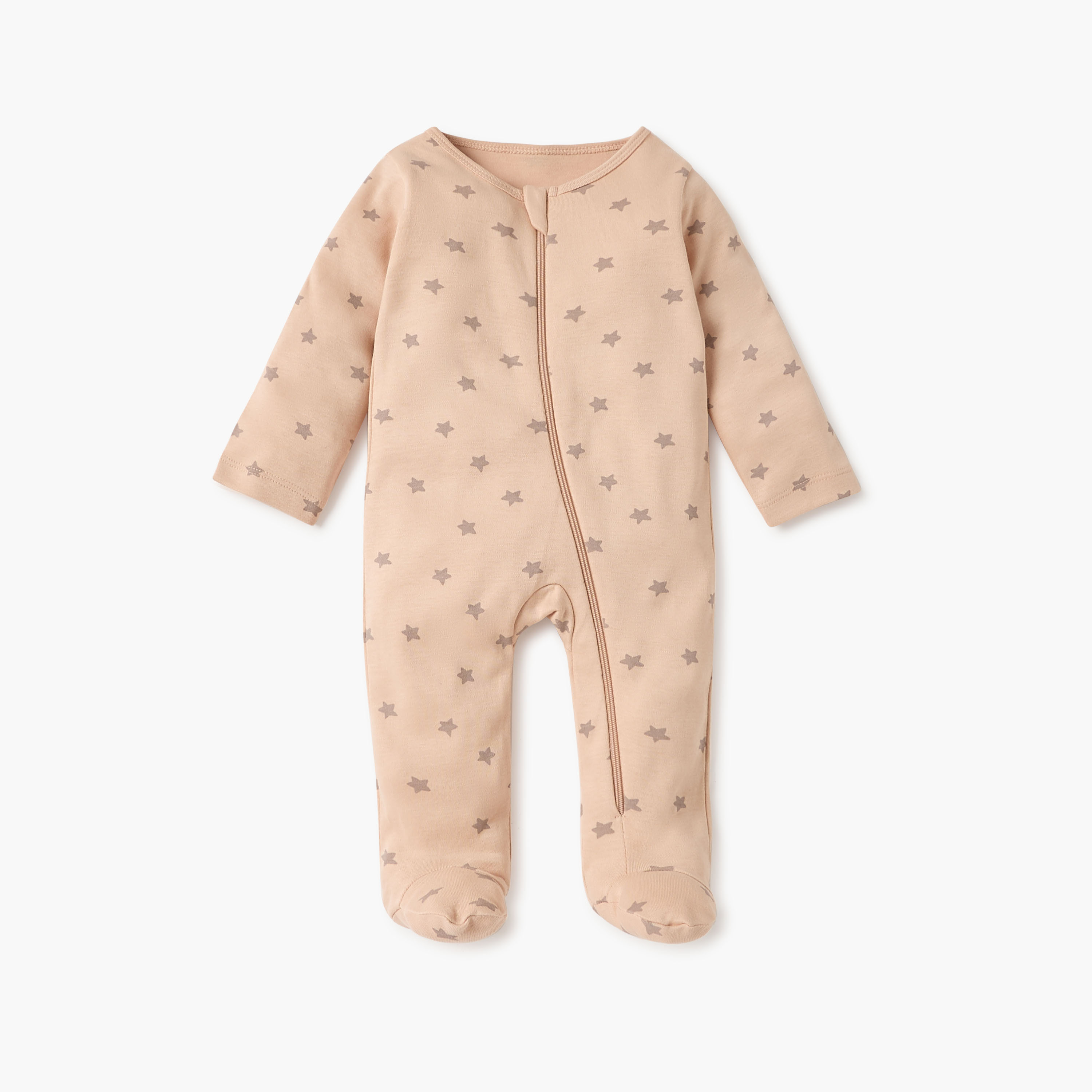 Juniors Star Print Sleepsuit with Round Neck and Zip Closure - Set of 3-baby-girls-clothing-nightwear-sleepsuits-image-3