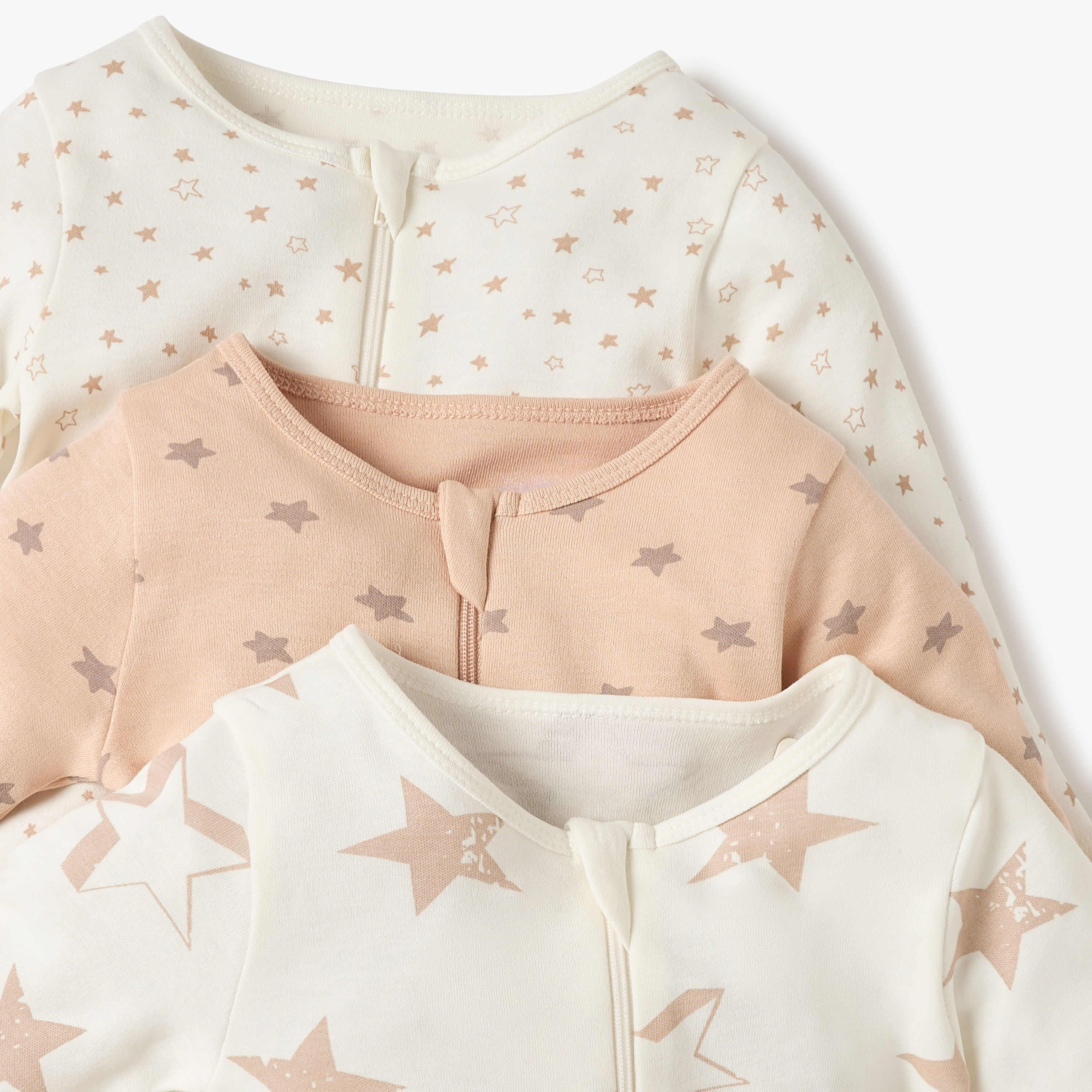 Juniors Star Print Sleepsuit with Round Neck and Zip Closure - Set of 3-baby-girls-clothing-nightwear-sleepsuits-image-5