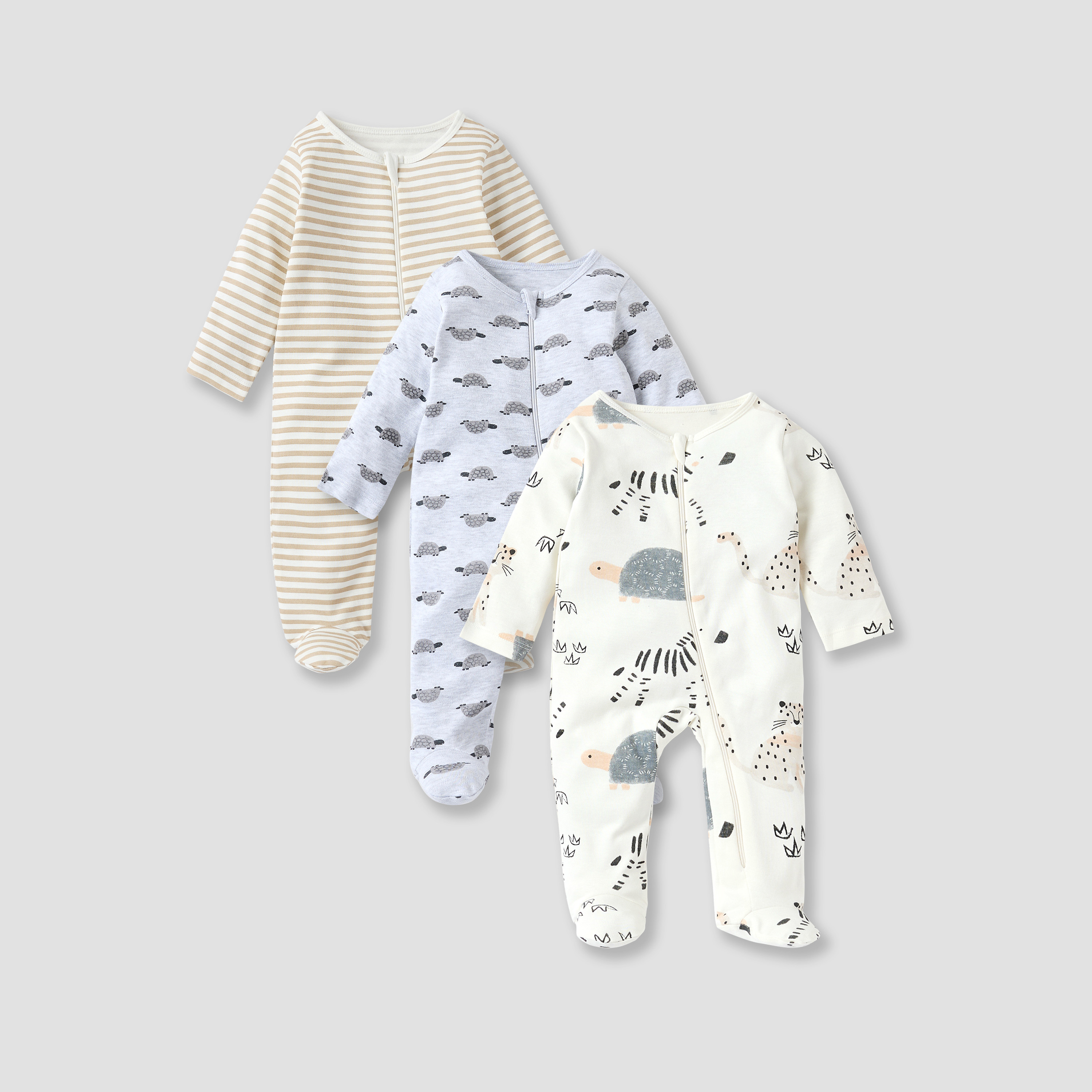 Juniors Printed Sleepsuit with Round Neck and Zip Closure - Set of 3-baby-girls-clothing-nightwear-sleepsuits-image-1