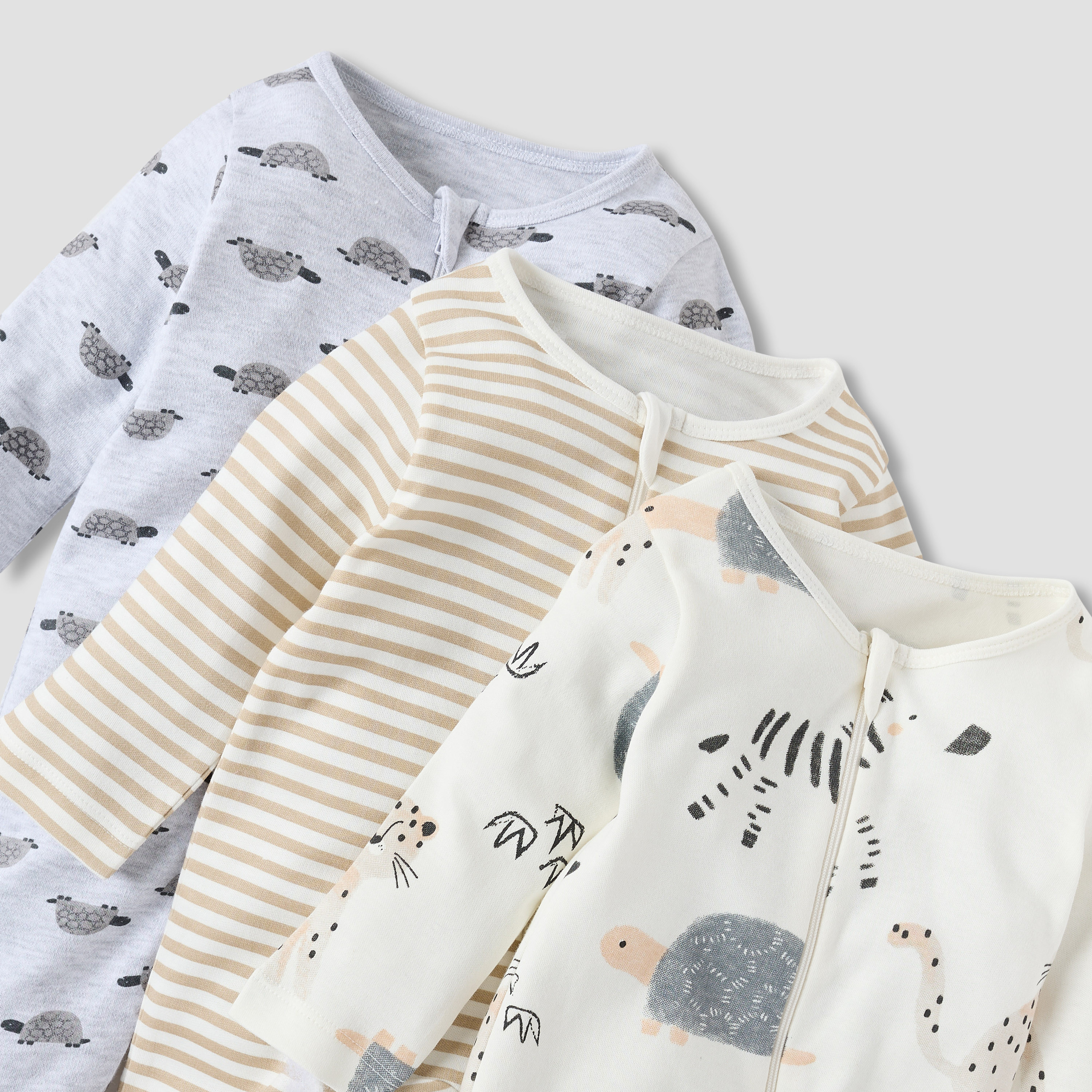 Juniors Printed Sleepsuit with Round Neck and Zip Closure - Set of 3-baby-girls-clothing-nightwear-sleepsuits-image-5