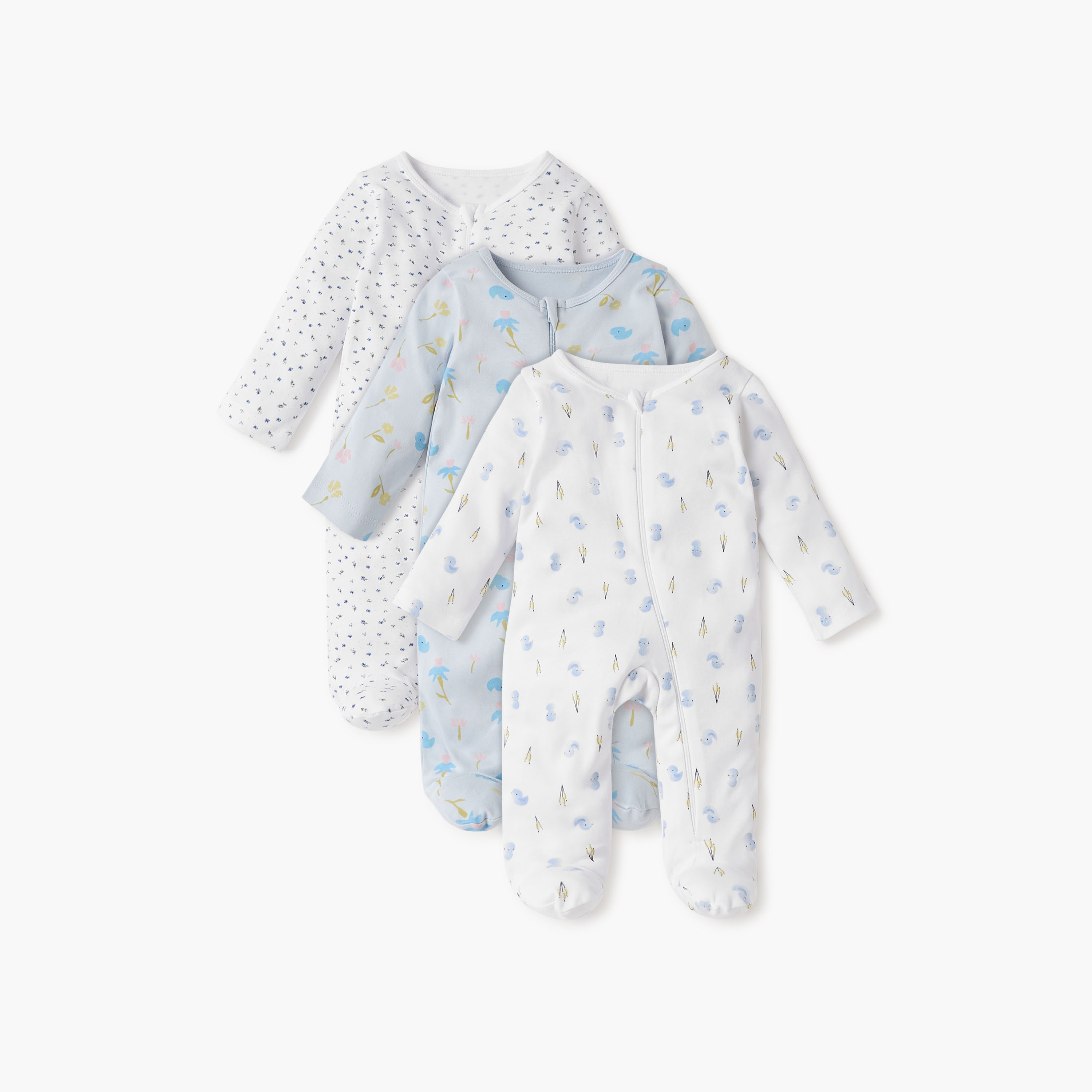 Juniors Printed Sleepsuit with Round Neck and Zip Closure - Set of 3-baby-girls-clothing-nightwear-sleepsuits-image-1