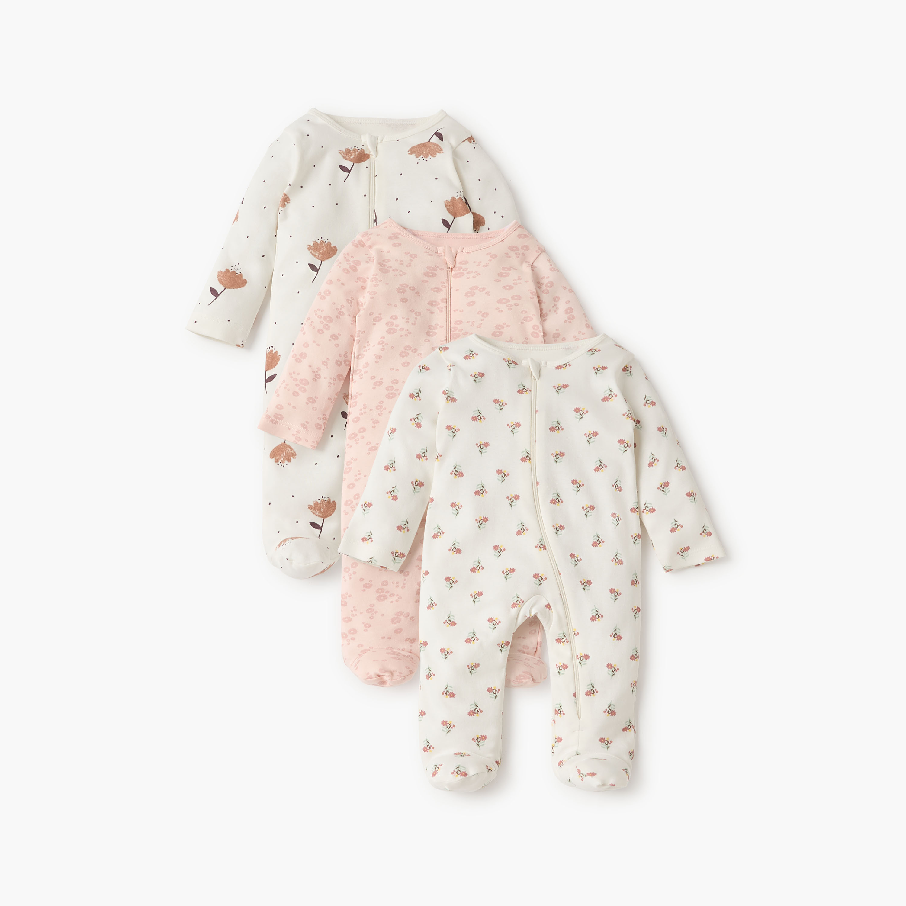 Juniors Floral Print Sleepsuit with Round Neck and Zip Closure - Set of 3-baby-girls-clothing-nightwear-sleepsuits-image-1