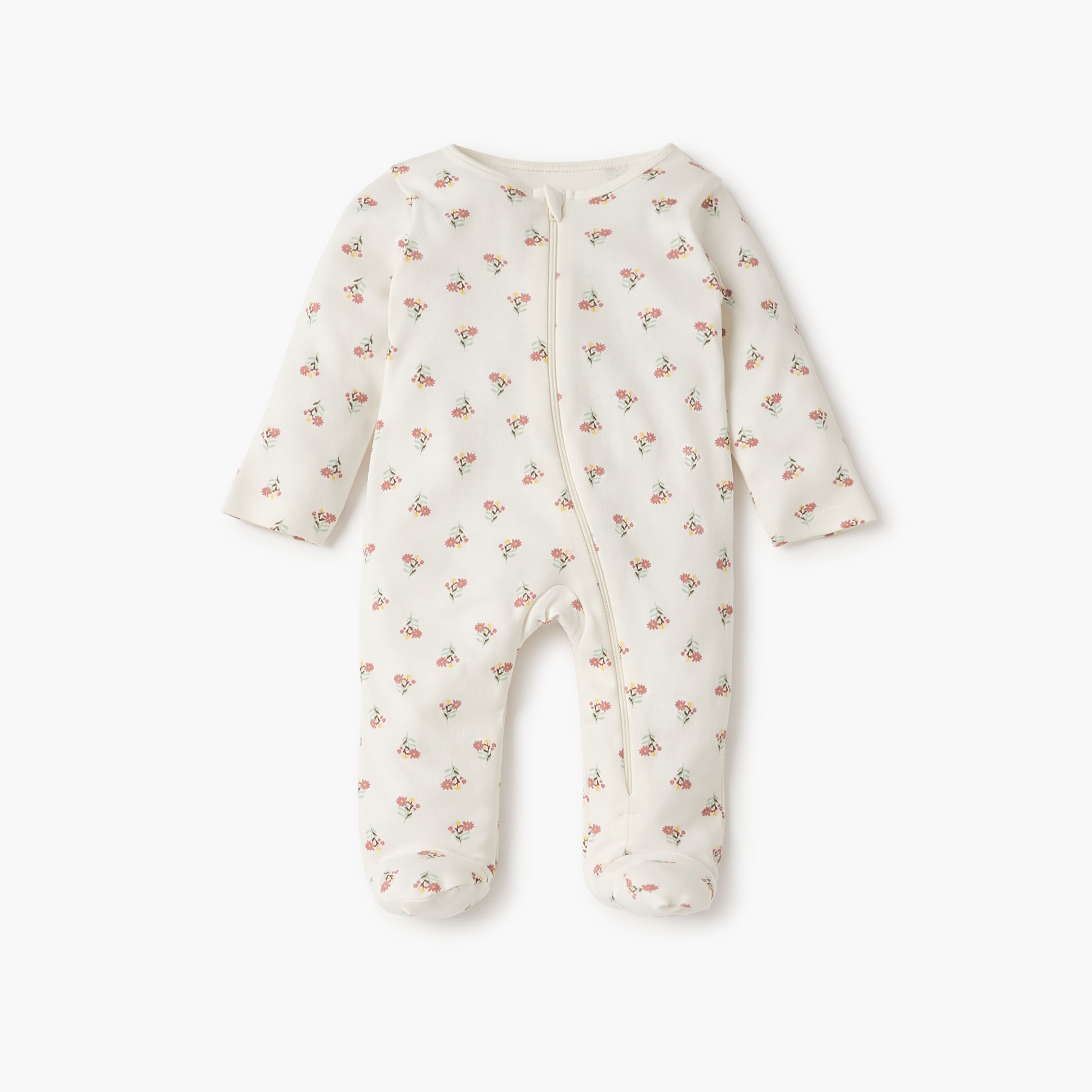Juniors Floral Print Sleepsuit with Round Neck and Zip Closure - Set of 3-baby-girls-clothing-nightwear-sleepsuits-image-2
