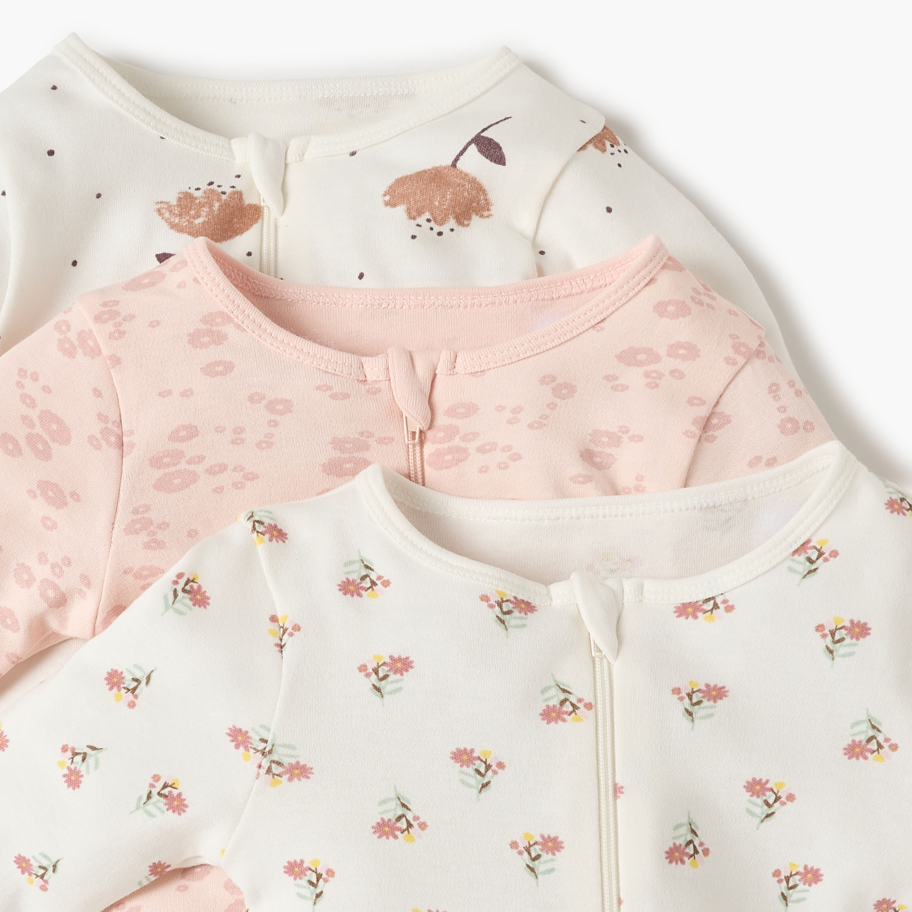 Juniors Floral Print Sleepsuit with Round Neck and Zip Closure - Set of 3-baby-girls-clothing-nightwear-sleepsuits-image-5