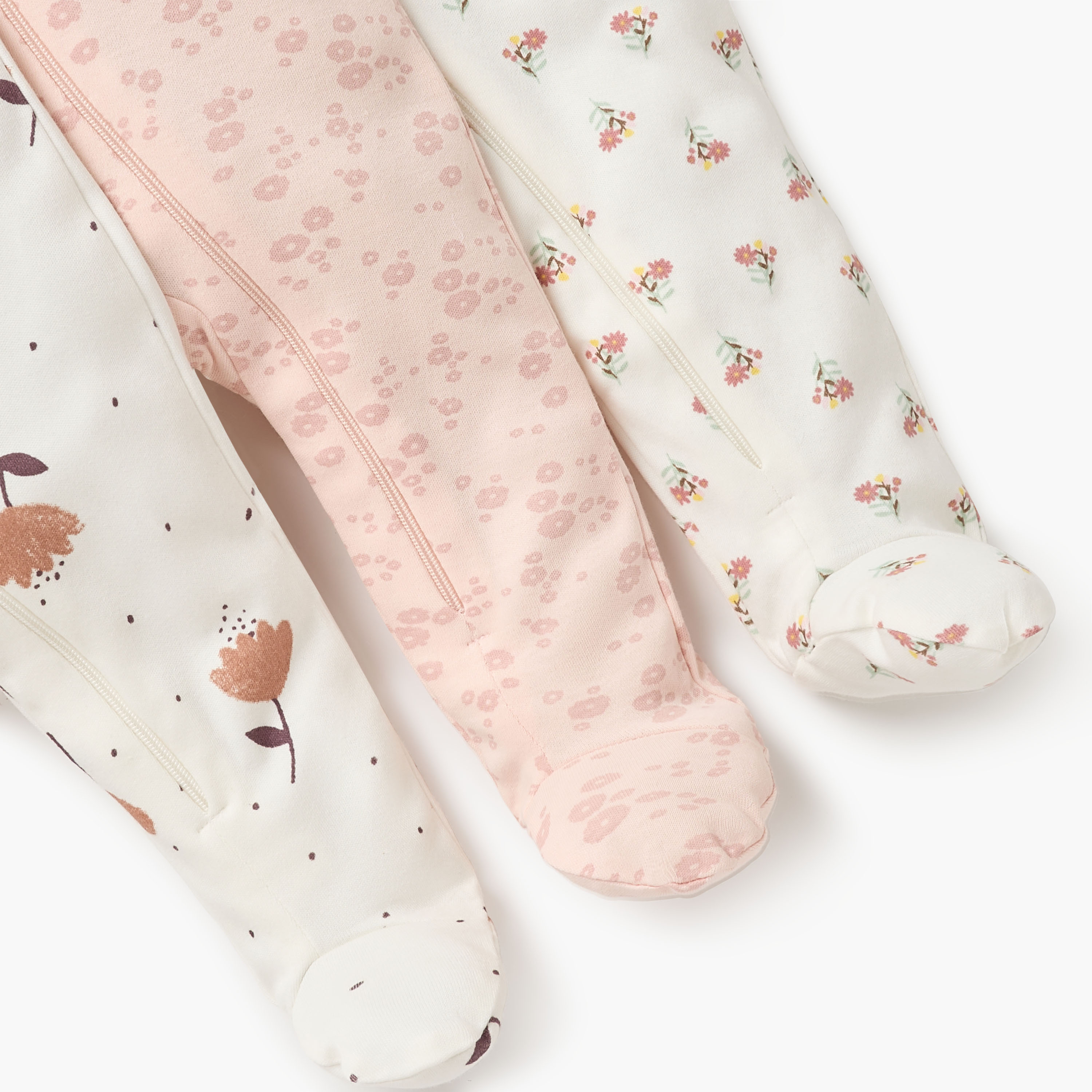 Juniors Floral Print Sleepsuit with Round Neck and Zip Closure - Set of 3-baby-girls-clothing-nightwear-sleepsuits-image-6