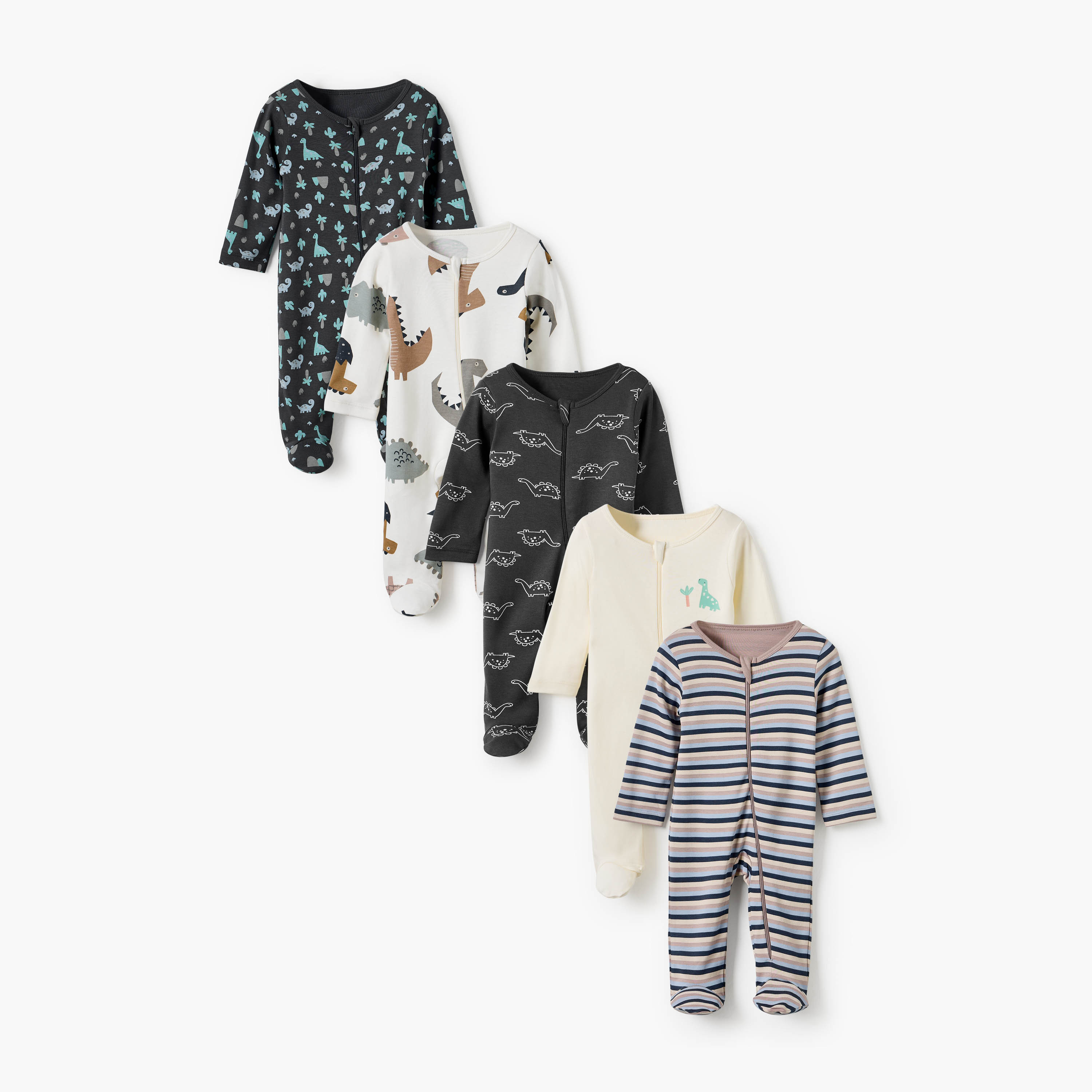Juniors Printed Round Neck Sleepsuit with Zip Closure - Set of 5-baby-boys-clothing-nightwear-sleepsuits-image-1