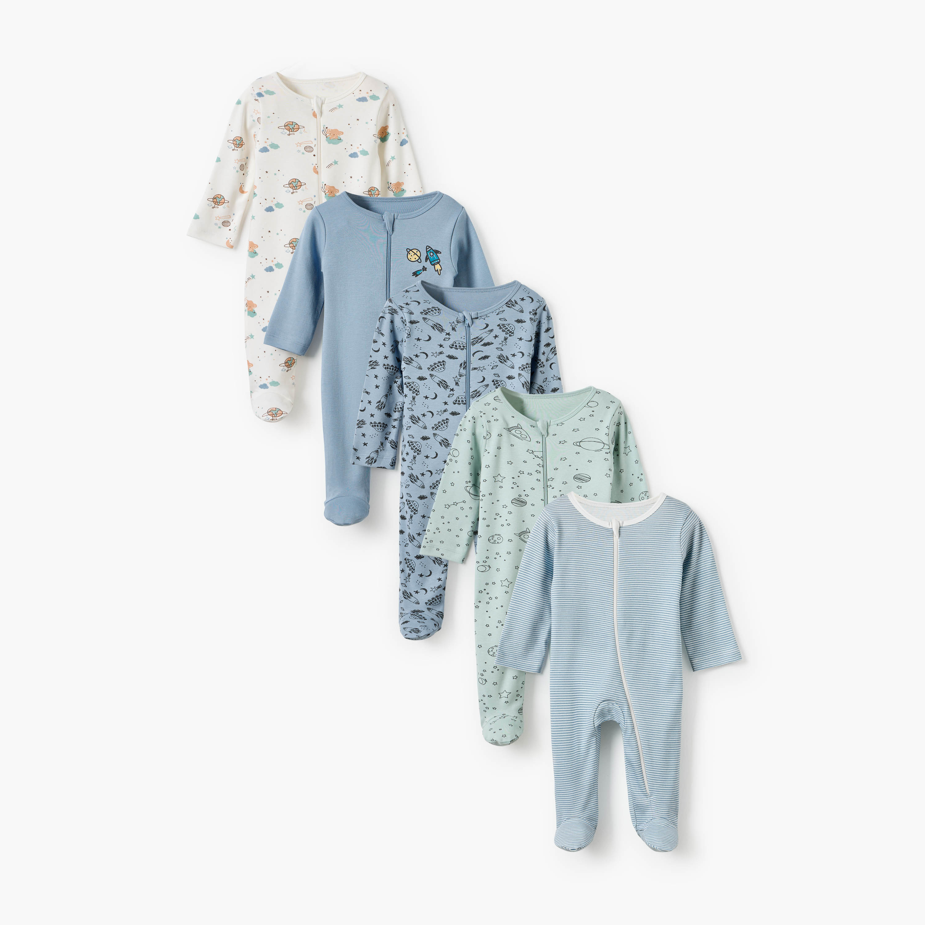 Juniors Space Print Round Neck Sleepsuit with Zip Closure - Set of 5-baby-boys-clothing-nightwear-sleepsuits-image-1
