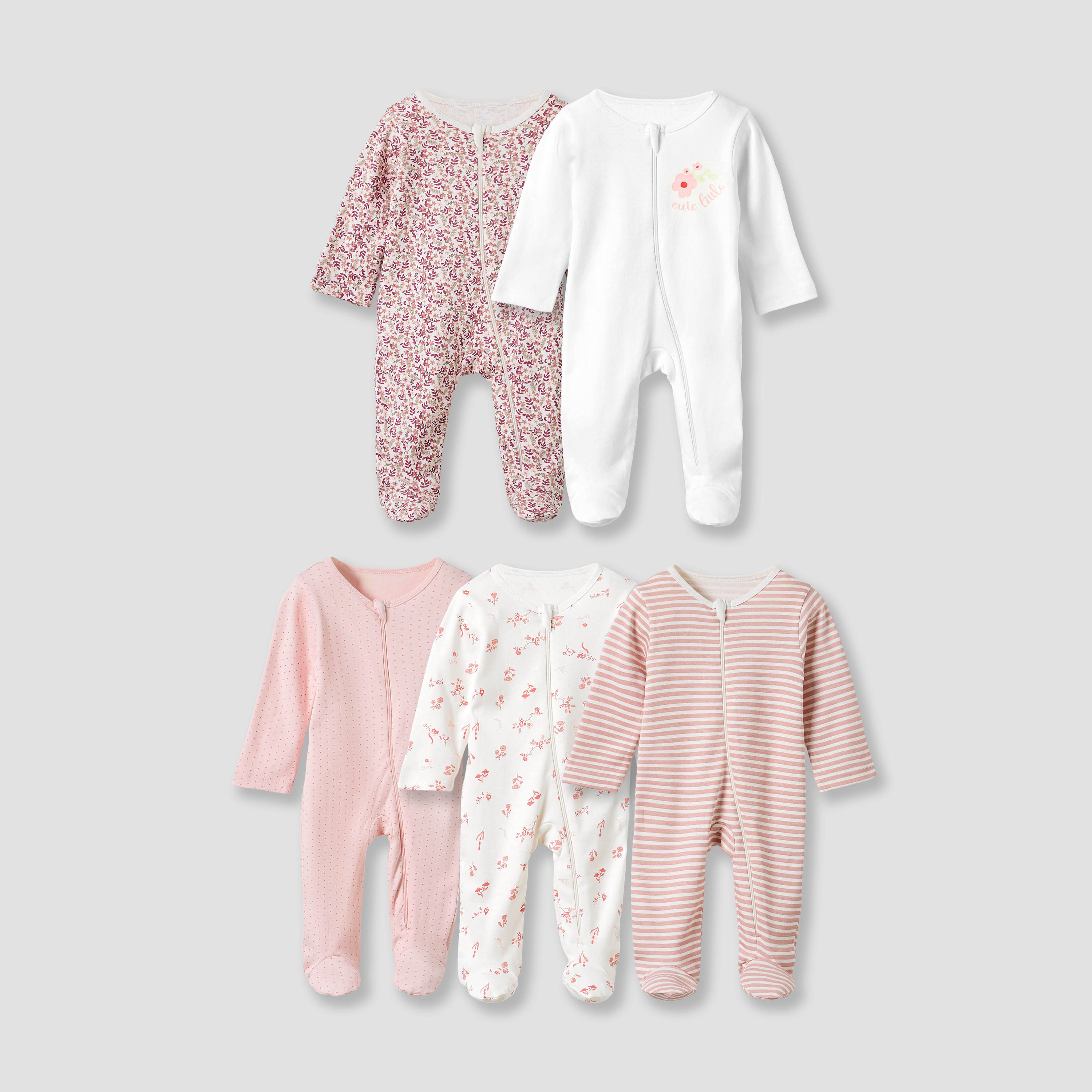 Juniors Floral Print Round Neck Sleepsuit with Zip Closure - Set of 5-baby-girls-clothing-nightwear-sleepsuits-image-1
