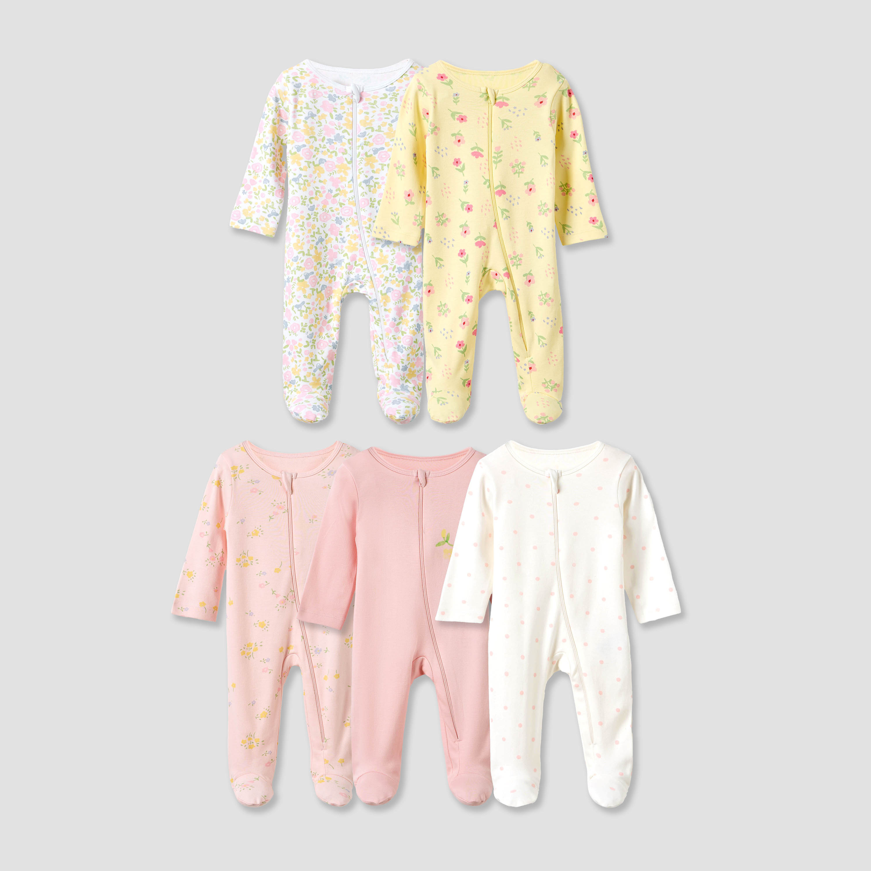 طقم بدلة نوم بياقة مستديرة وسحاب إغلاق وطبعات أزهار من جونيورز - طقم من 5 قطع-baby-girls-clothing-nightwear-sleepsuits-image-1