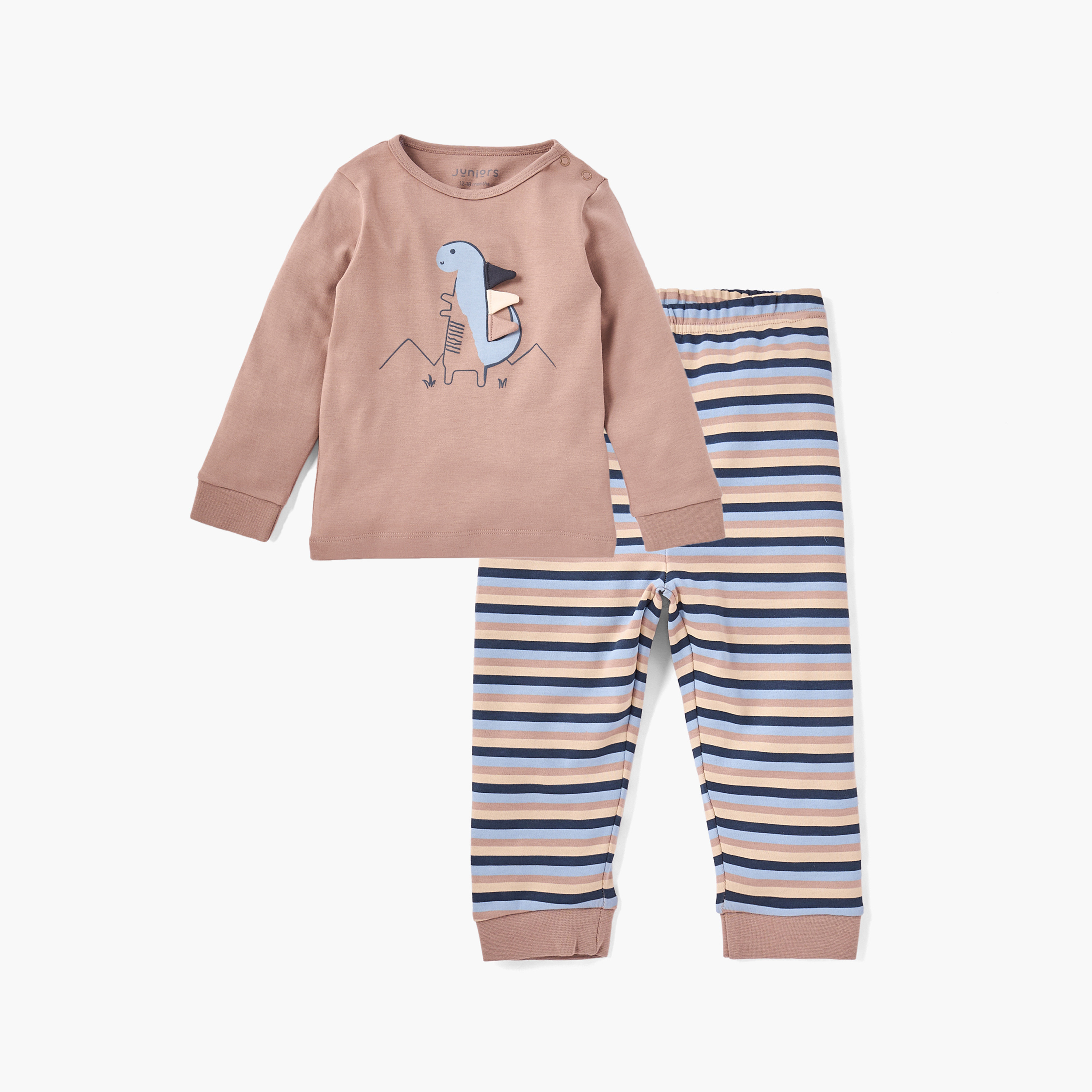 Juniors Dinosaur Applique T-shirt and Striped Pyjama Set-baby-boys-clothing-nightwear-pyjamasets-image-2