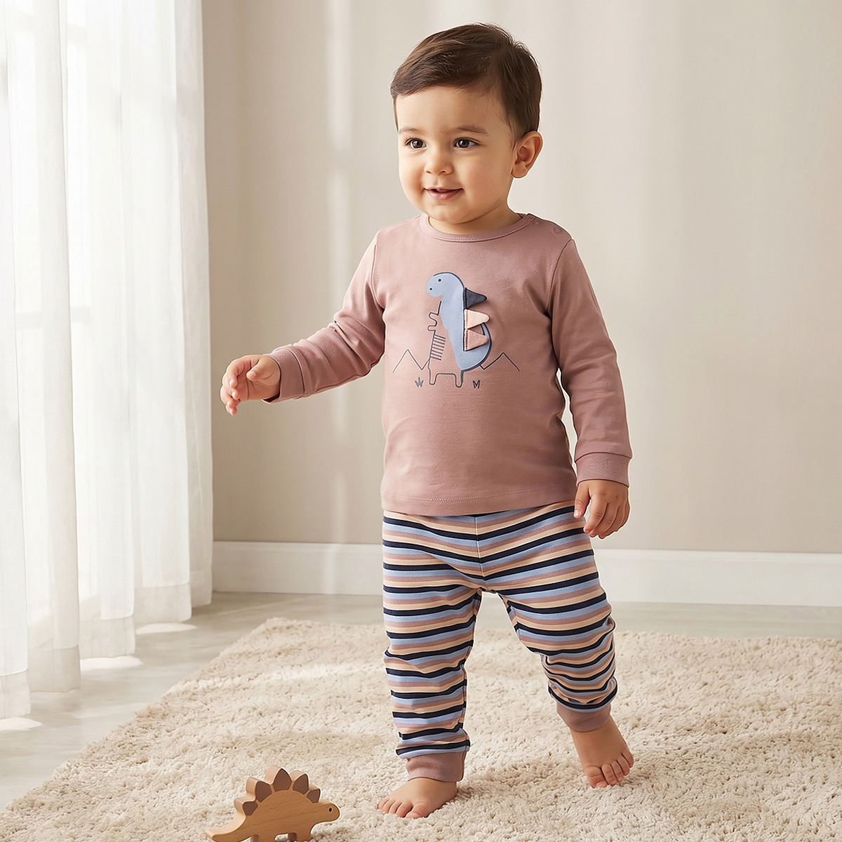 Juniors Dinosaur Applique T-shirt and Striped Pyjama Set-baby-boys-clothing-nightwear-pyjamasets-image-1