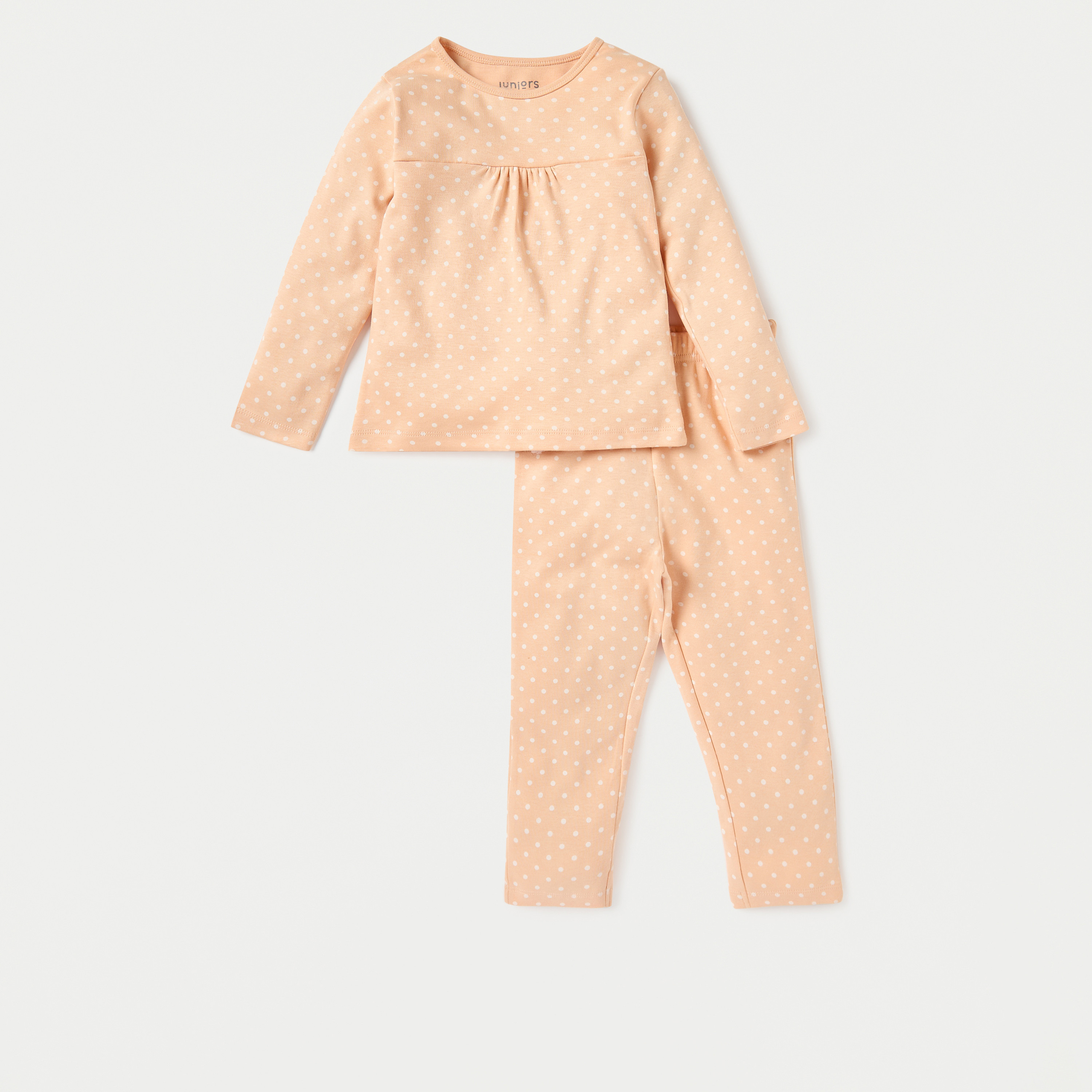 تيشيرت بأكمام طويلة وطبعات منقطة وبنطلون بيجاما بخصر مطاطي من جونيورز-baby-girls-clothing-nightwear-pyjamasets-image-1
