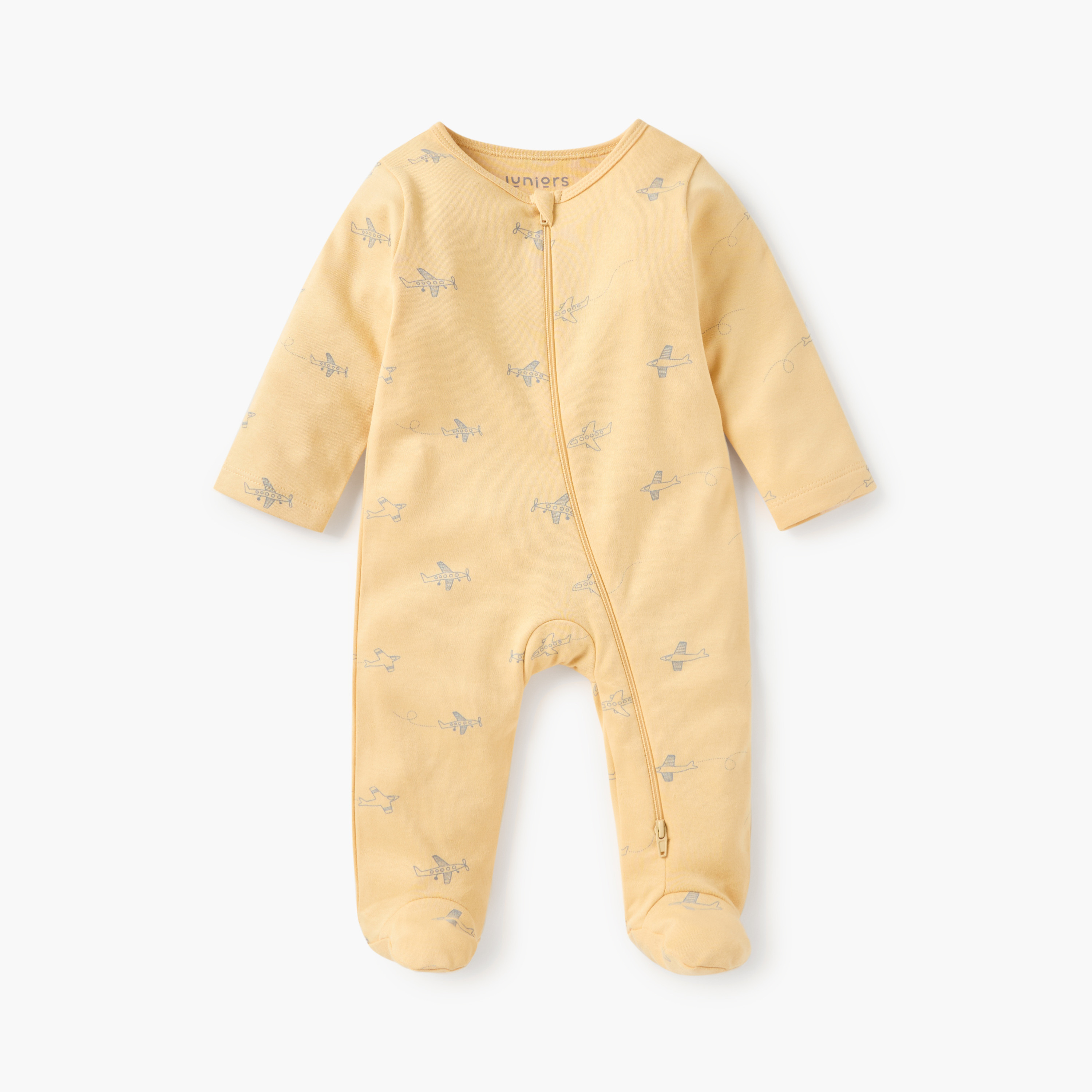Juniors Aeroplane Print Sleepsuit with Zip Closure and Long Sleeves-baby-boys-clothing-nightwear-sleepsuits-image-2