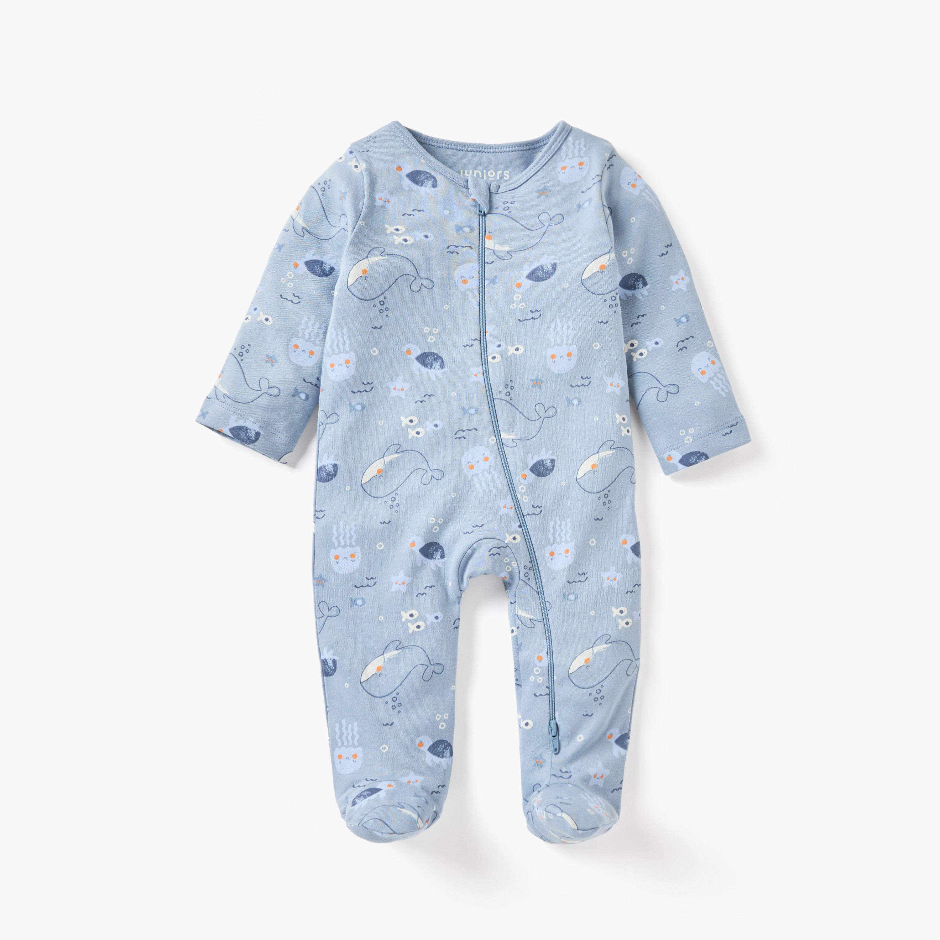 Juniors Whale Print Sleepsuit with Zip Closure and Long Sleeves-baby-boys-clothing-nightwear-sleepsuits-image-2