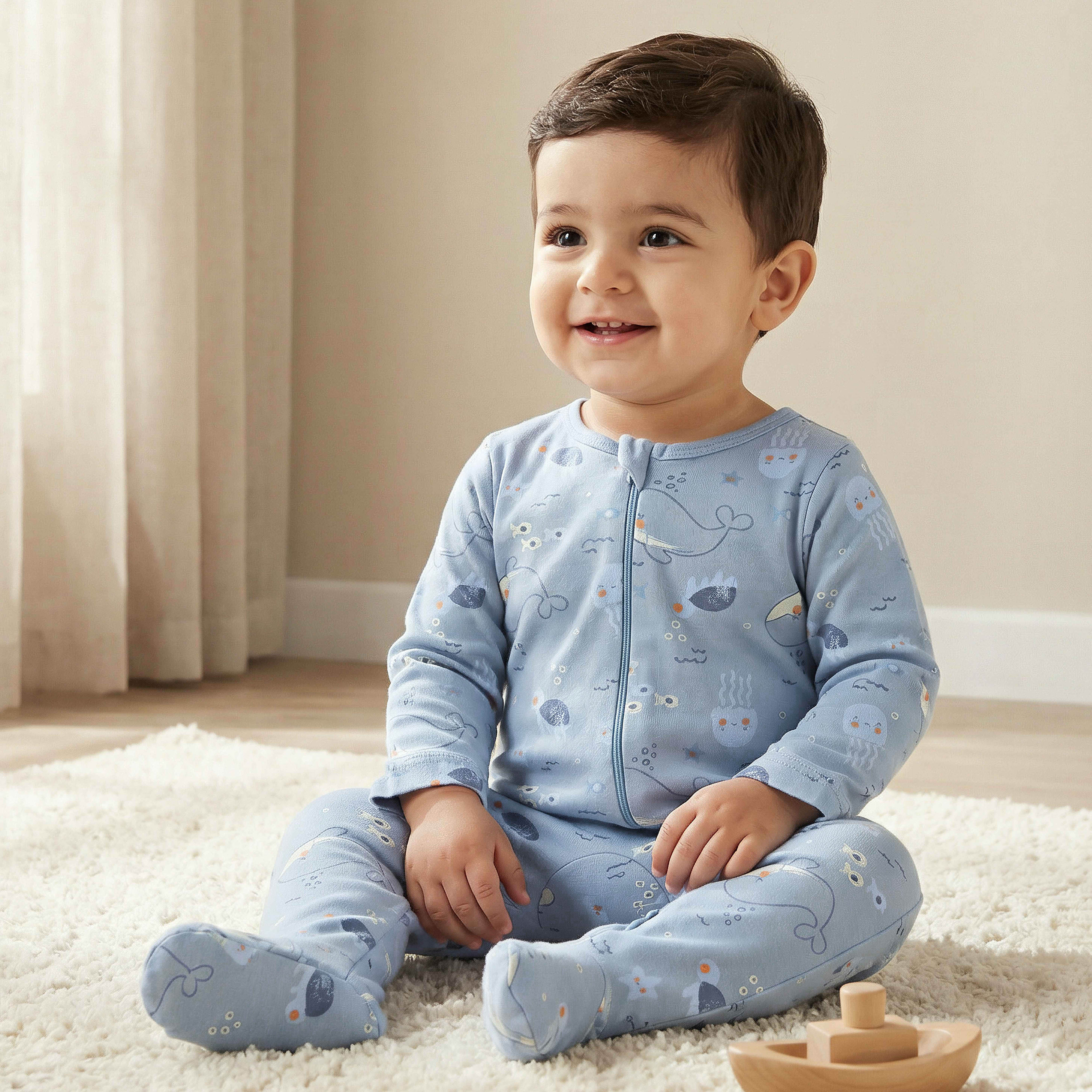 Juniors Whale Print Sleepsuit with Zip Closure and Long Sleeves-baby-boys-clothing-nightwear-sleepsuits-image-1