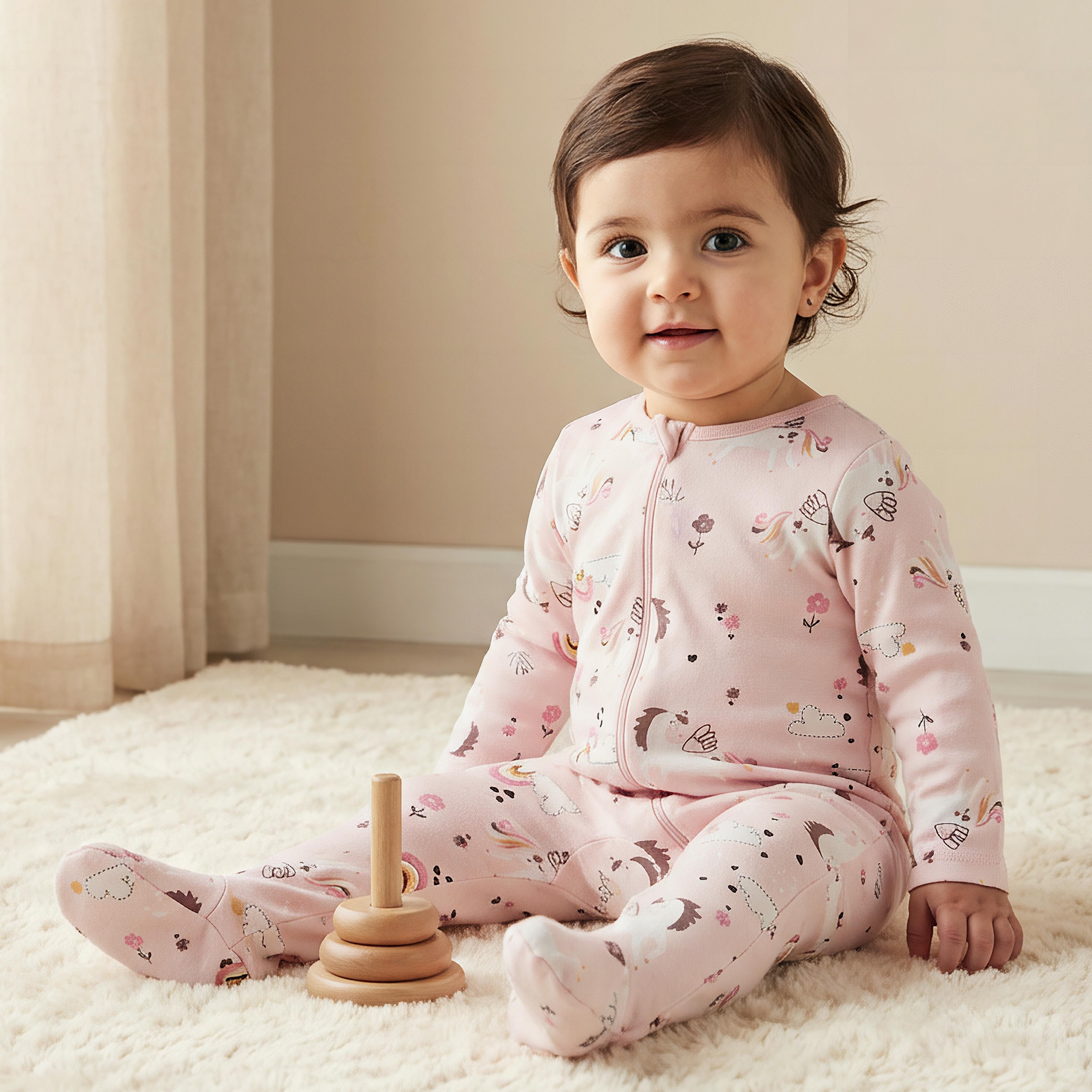 Juniors Unicorn Print Closed Feet Sleepsuit with Zip Closure-baby-girls-clothing-nightwear-sleepsuits-image-1
