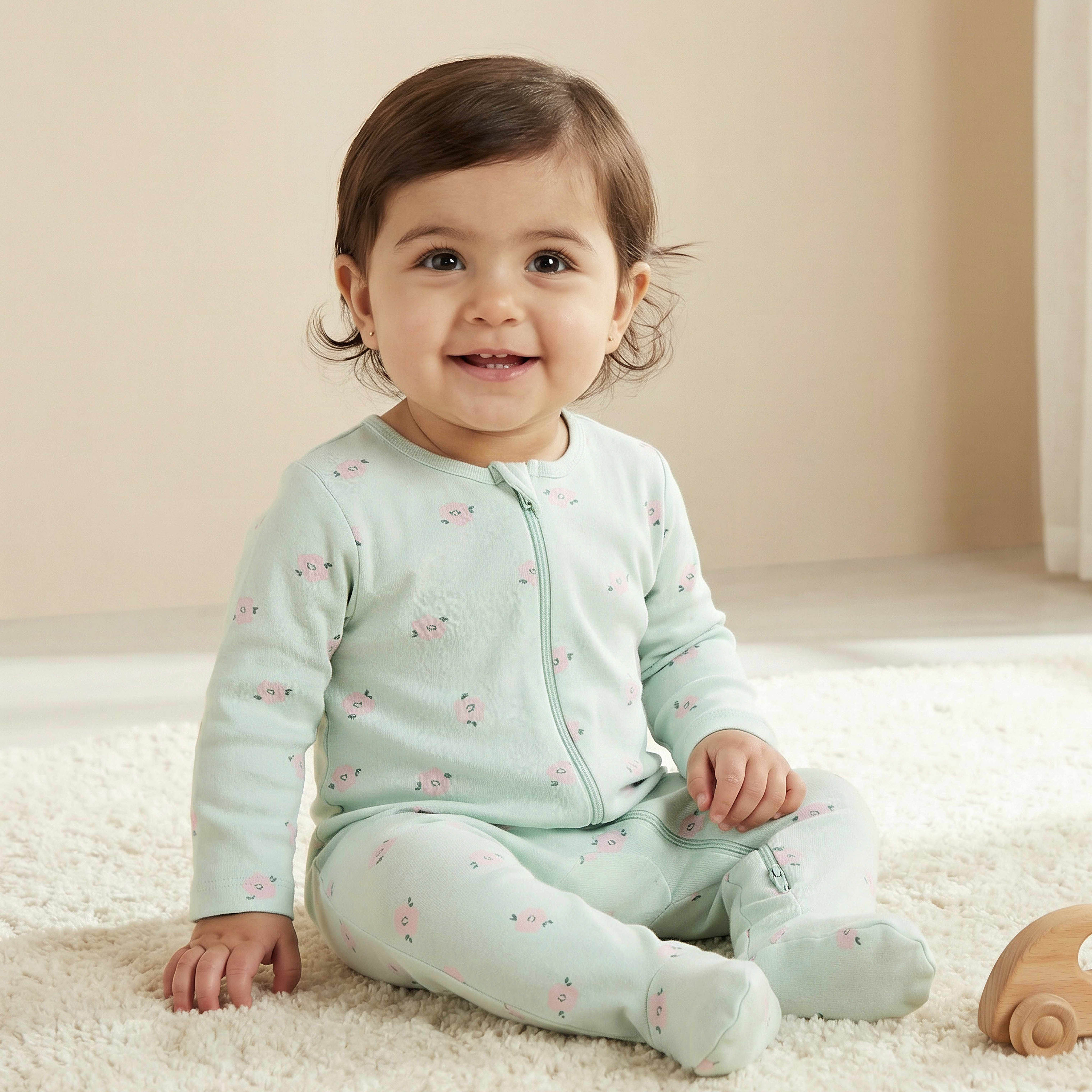 Juniors Floral Print Closed Feet Sleepsuit with Zip Closure-baby-girls-clothing-nightwear-sleepsuits-image-1
