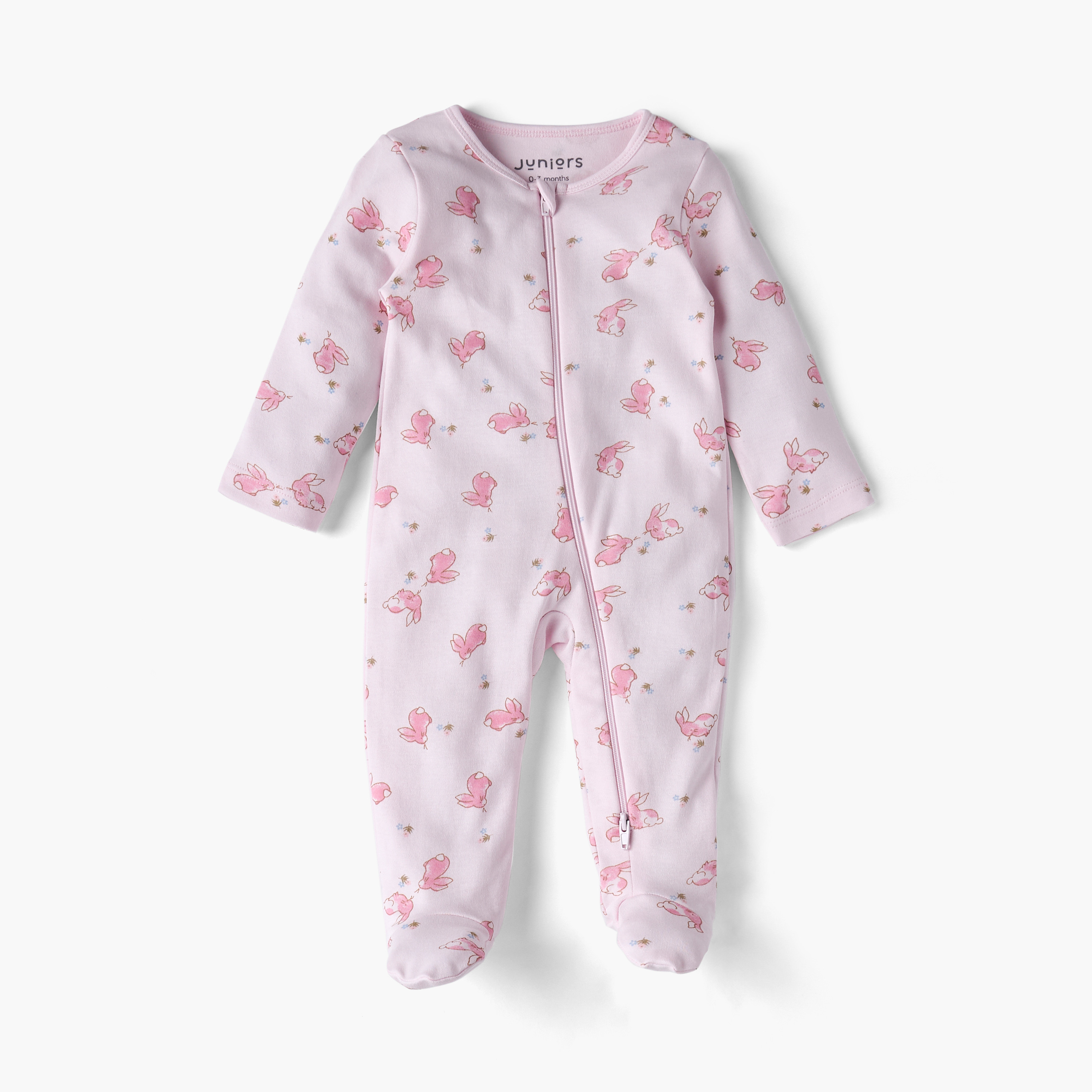 Juniors Bunny Print Sleepsuit with Long Sleeves and Zip Closure-baby-girls-clothing-nightwear-sleepsuits-image-2