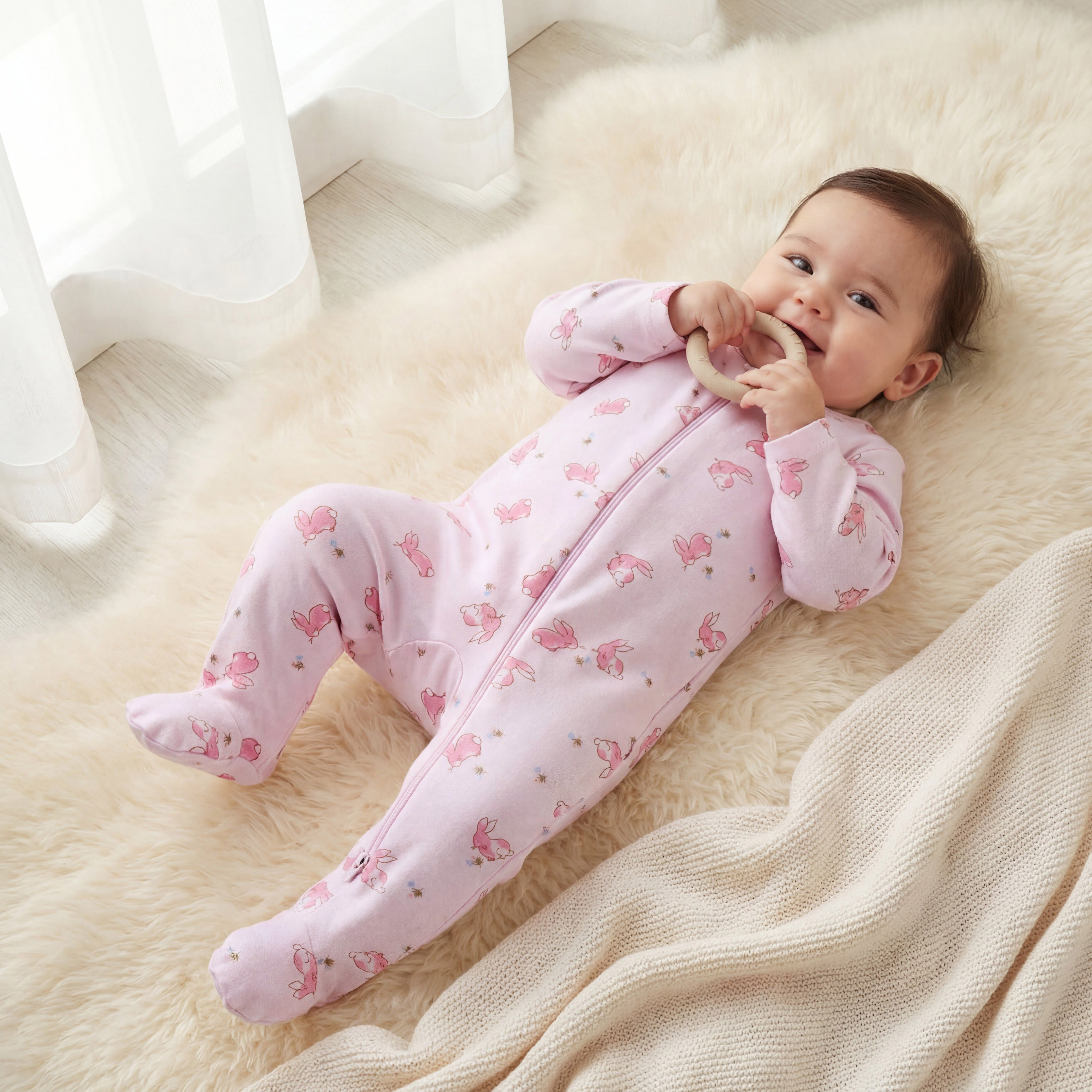 Juniors Bunny Print Sleepsuit with Long Sleeves and Zip Closure-baby-girls-clothing-nightwear-sleepsuits-image-1
