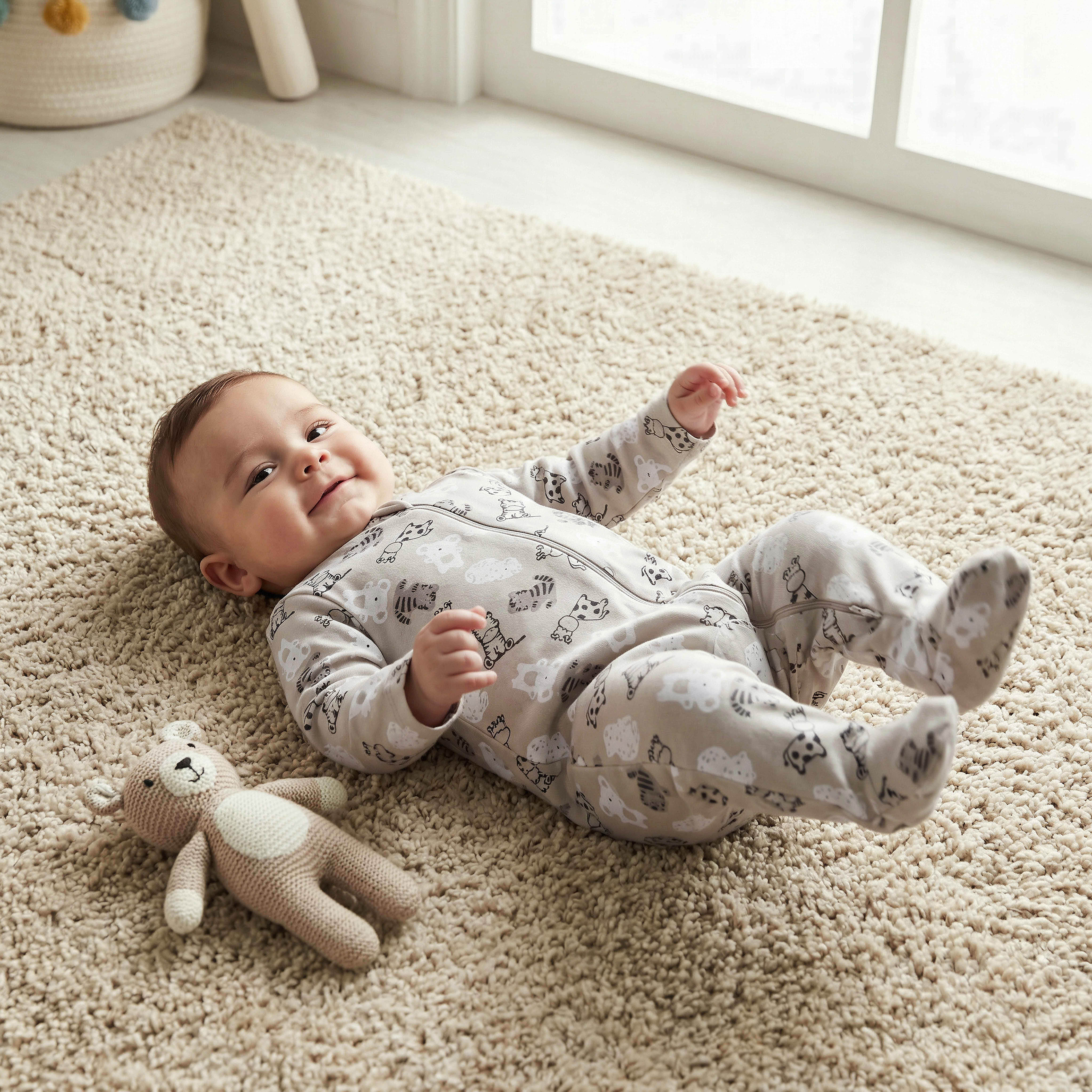 Juniors All-Over Wild Animal Print Closed Feet Sleepsuit with Long Sleeves-baby-boys-clothing-nightwear-sleepsuits-image-1
