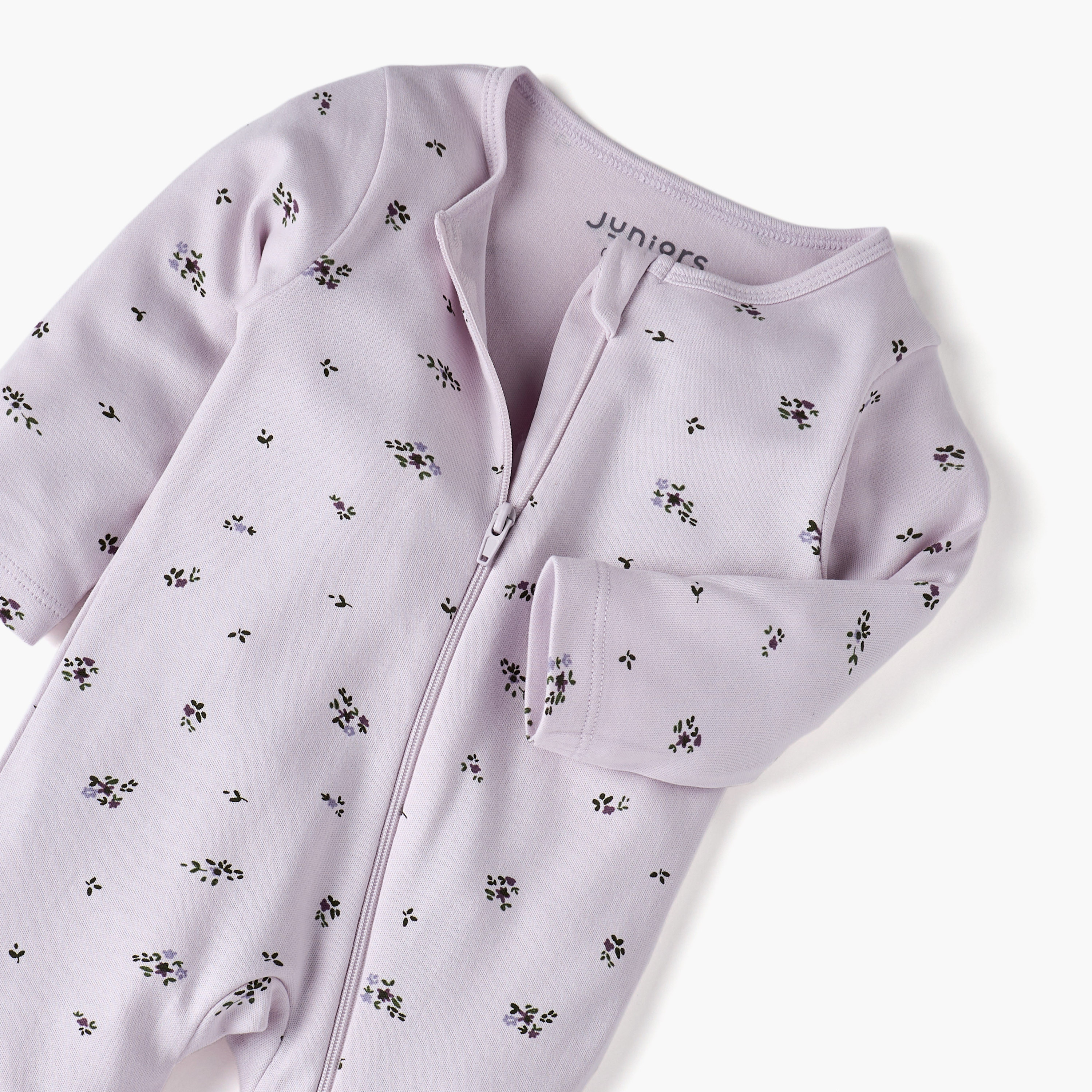 Juniors Floral Print Sleepsuit with Long Sleeves and Zip Closure-baby-girls-clothing-nightwear-sleepsuits-image-3
