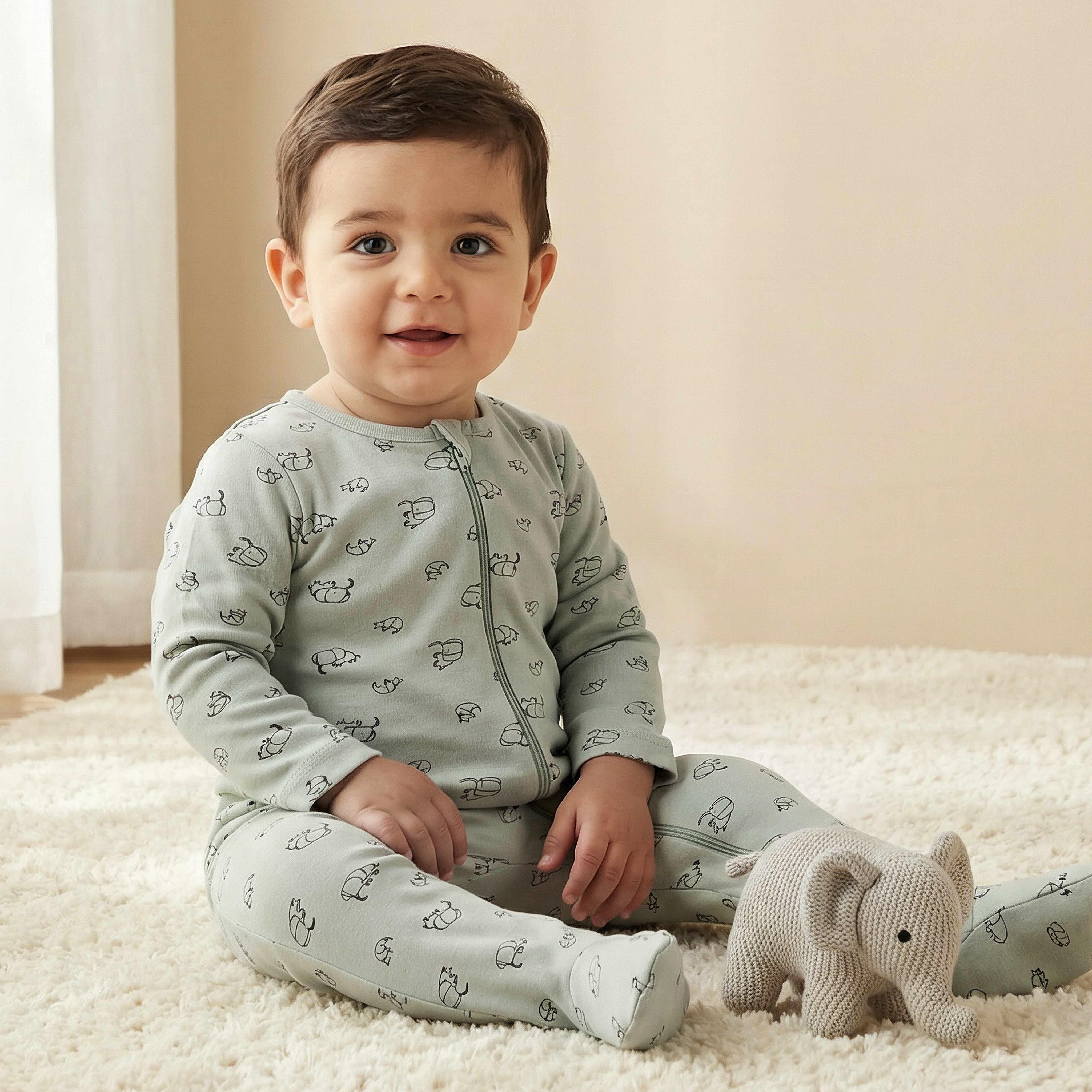 Juniors Elephant Print Sleepsuit with Long Sleeves and Zip Closure-baby-boys-clothing-nightwear-sleepsuits-image-1
