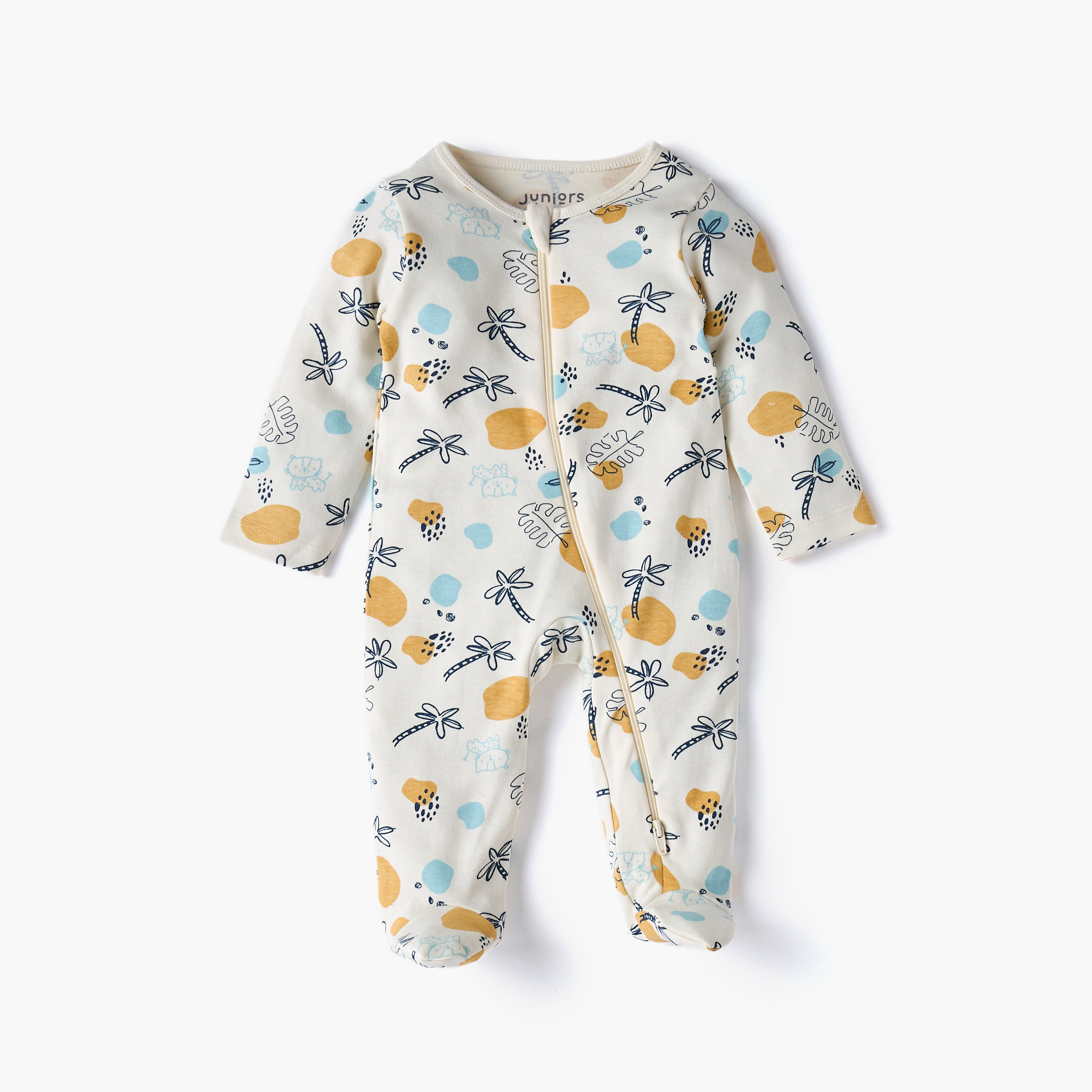 Juniors Printed Sleepsuit with Long Sleeves and Zip Closure-baby-girls-clothing-nightwear-sleepsuits-image-2
