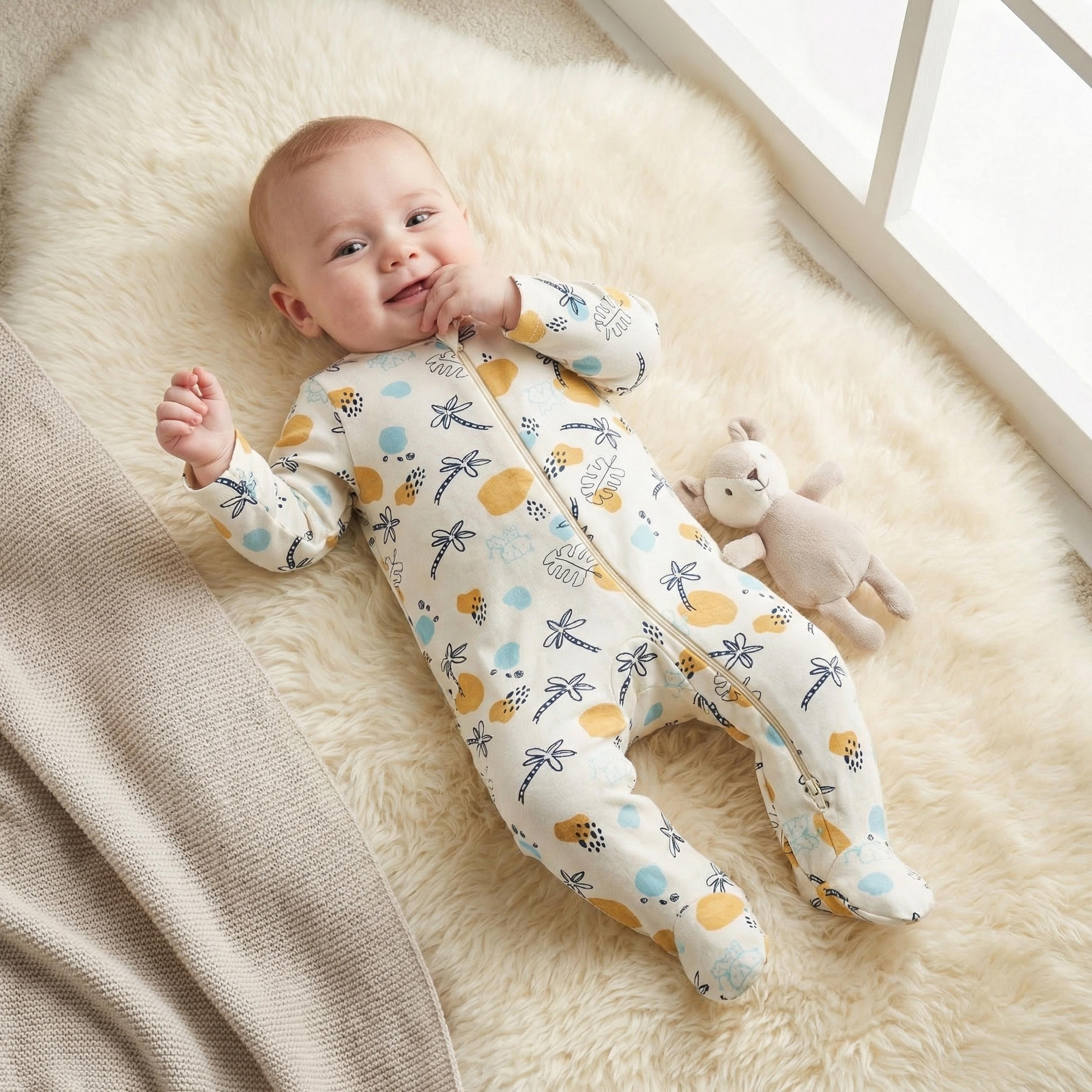 Juniors Printed Sleepsuit with Long Sleeves and Zip Closure-baby-girls-clothing-nightwear-sleepsuits-image-1