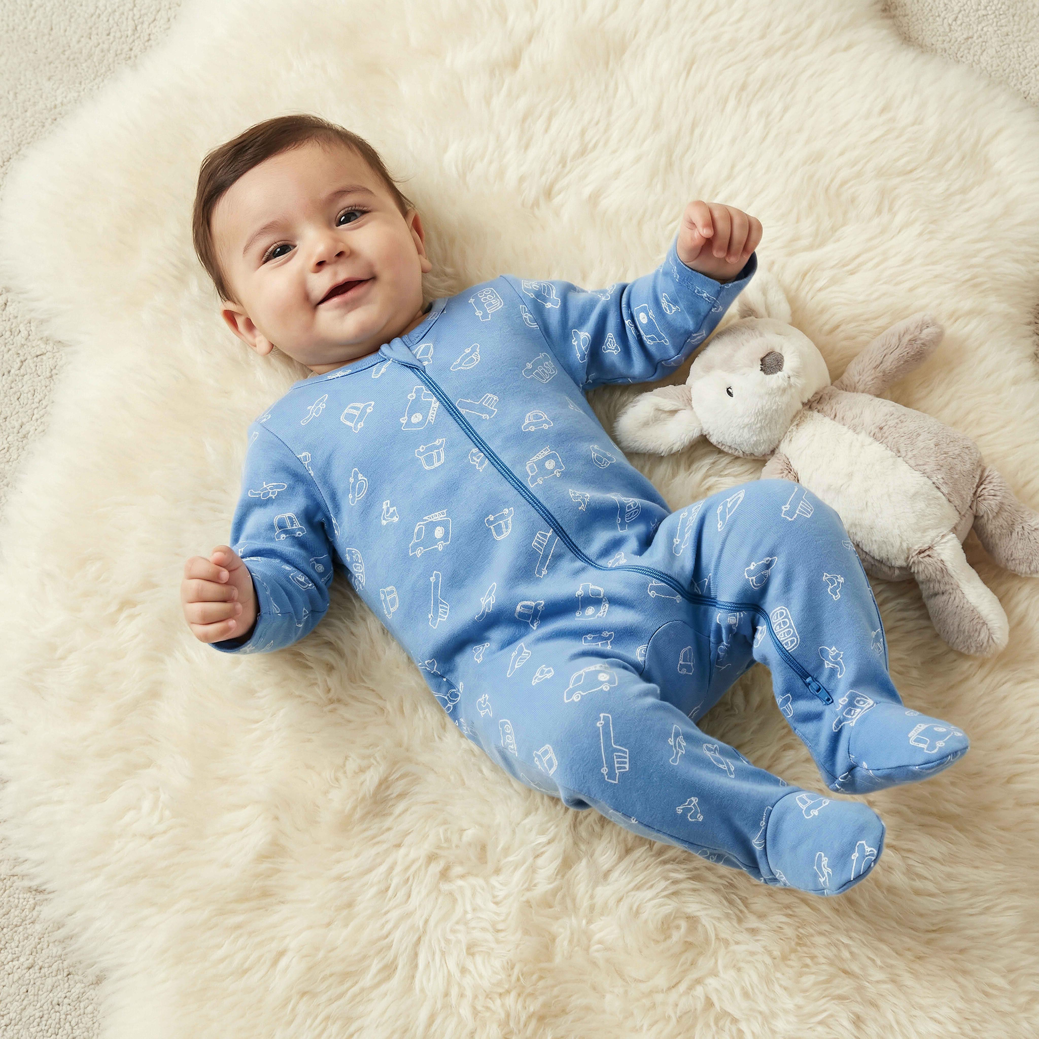 Juniors Vehicle Print Sleepsuit with Long Sleeves and Zip Closure-baby-boys-clothing-nightwear-sleepsuits-image-1