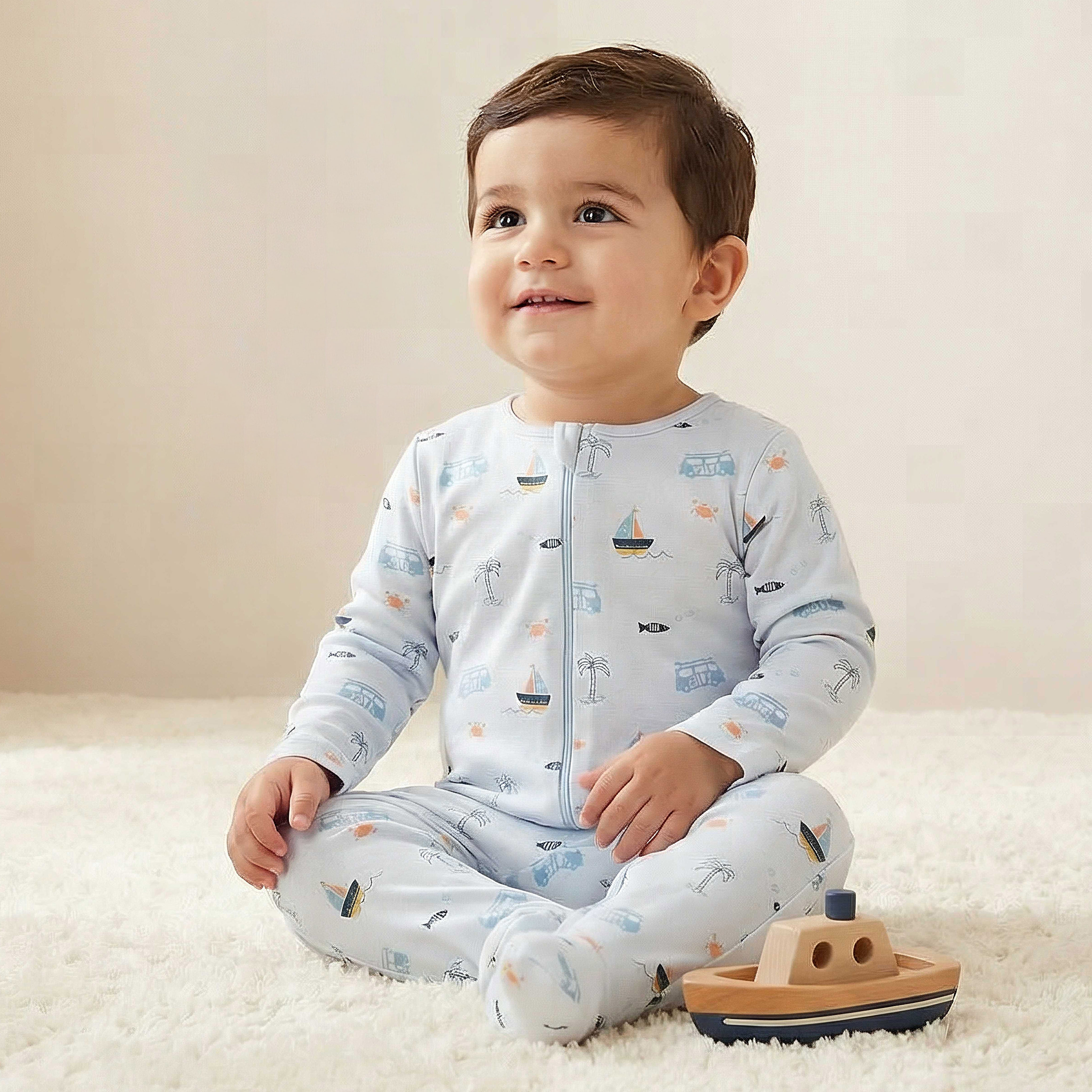 Juniors All-Over Nautical Print Closed Feet Sleepsuit with Long Sleeves-baby-boys-clothing-nightwear-sleepsuits-image-1