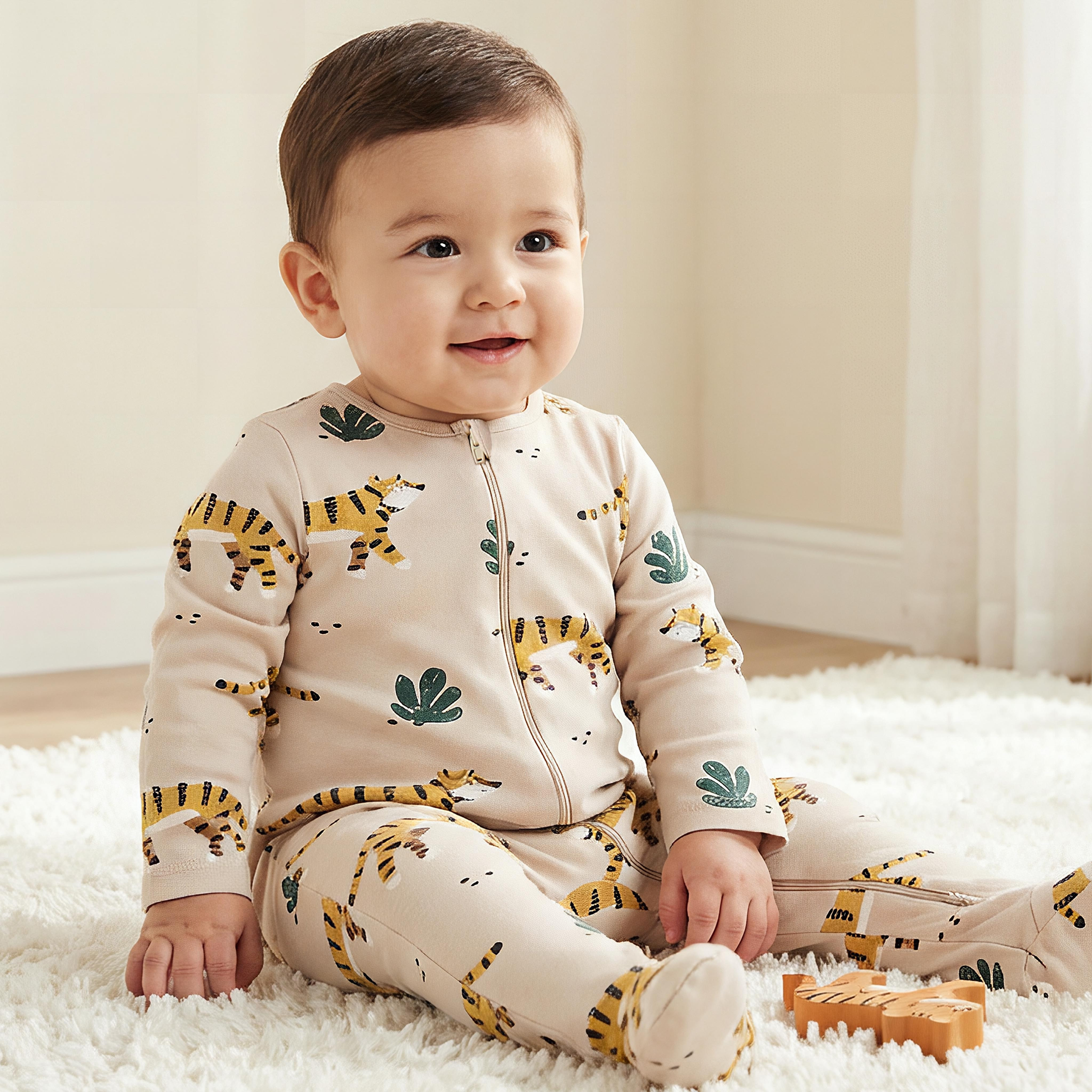 Juniors Tiger Print Sleepsuit with Long Sleeves and Zip Closure-baby-boys-clothing-nightwear-sleepsuits-image-1