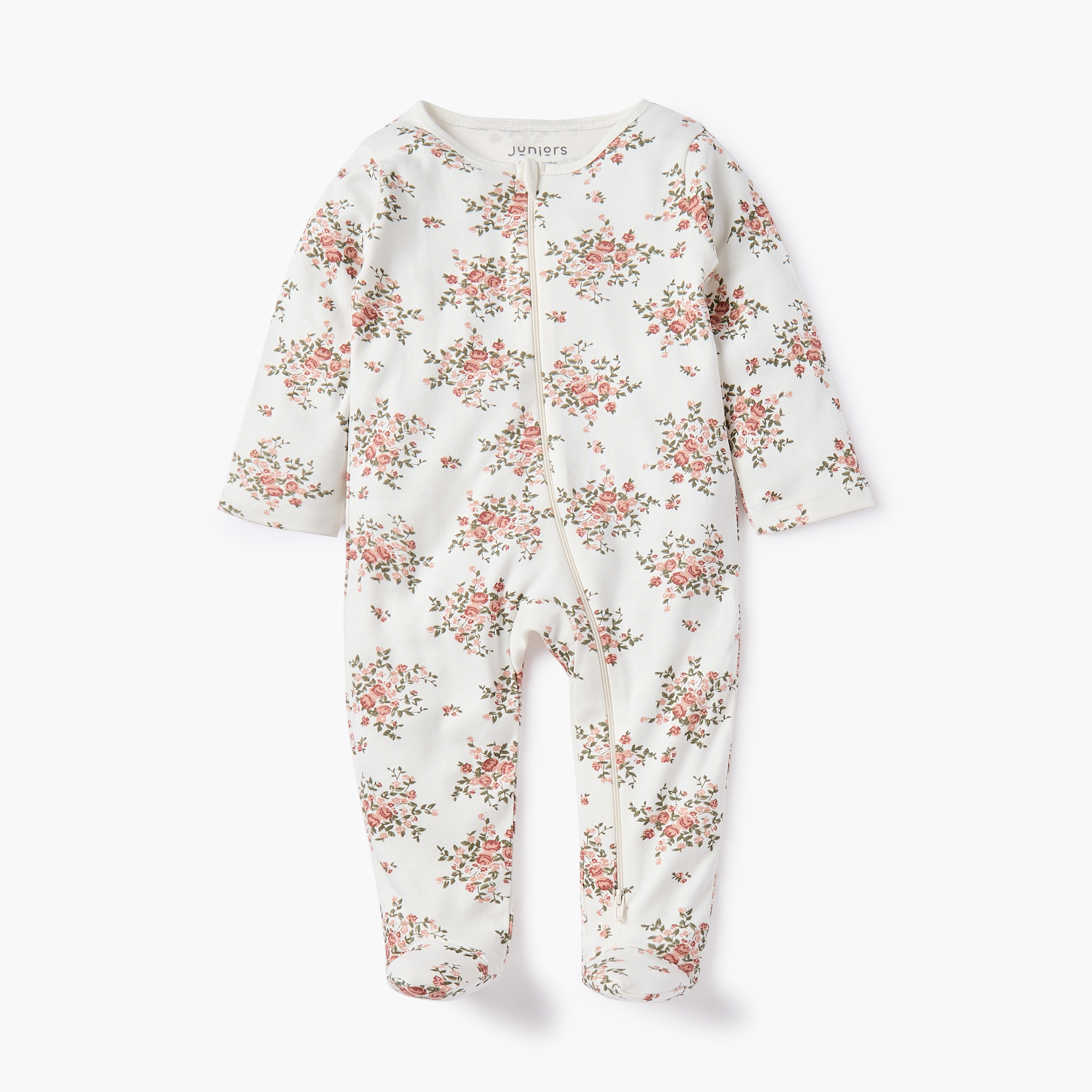 Juniors Floral Print Sleepsuit with Long Sleeves and Zip Closure-baby-girls-clothing-nightwear-sleepsuits-image-2