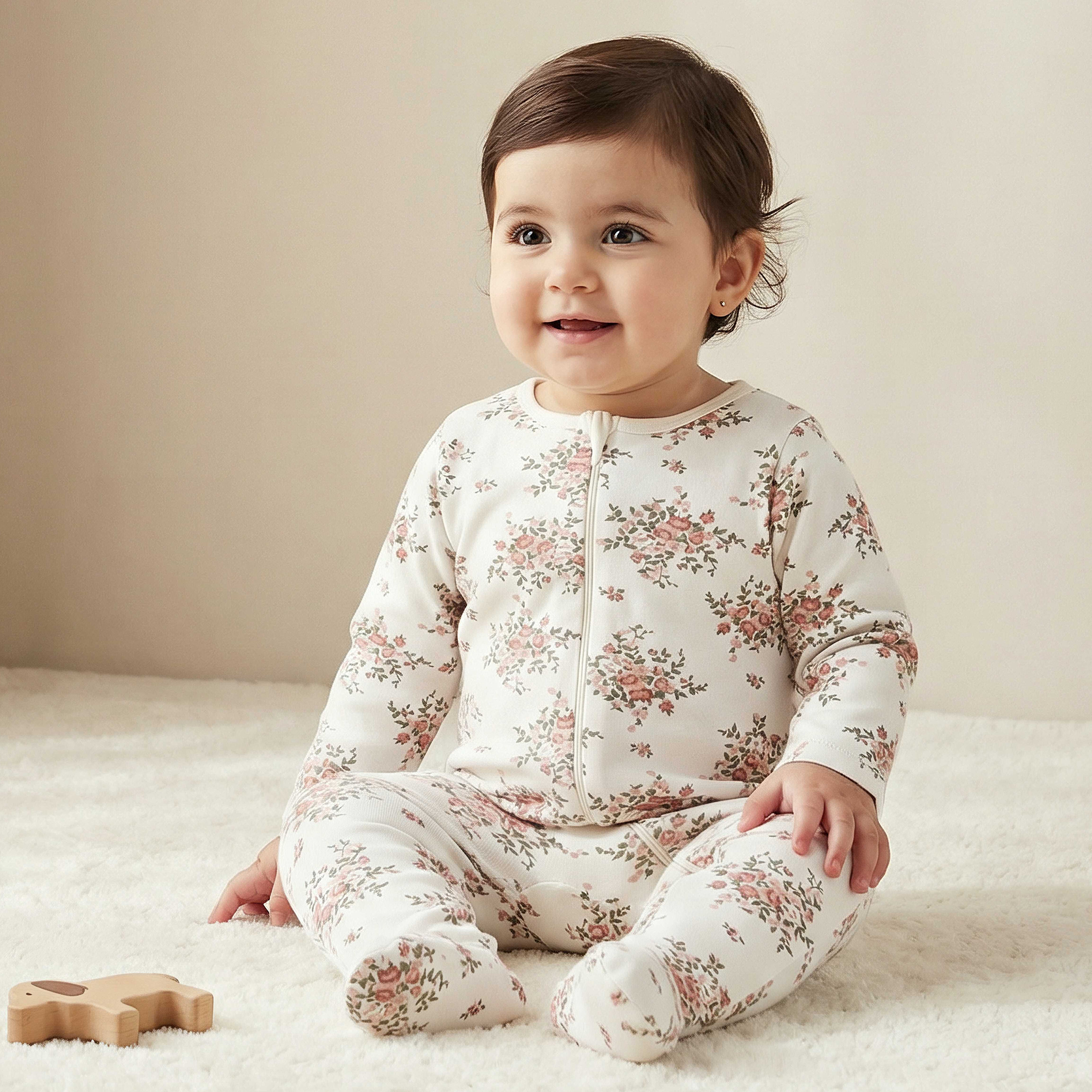 Juniors Floral Print Sleepsuit with Long Sleeves and Zip Closure-baby-girls-clothing-nightwear-sleepsuits-image-1