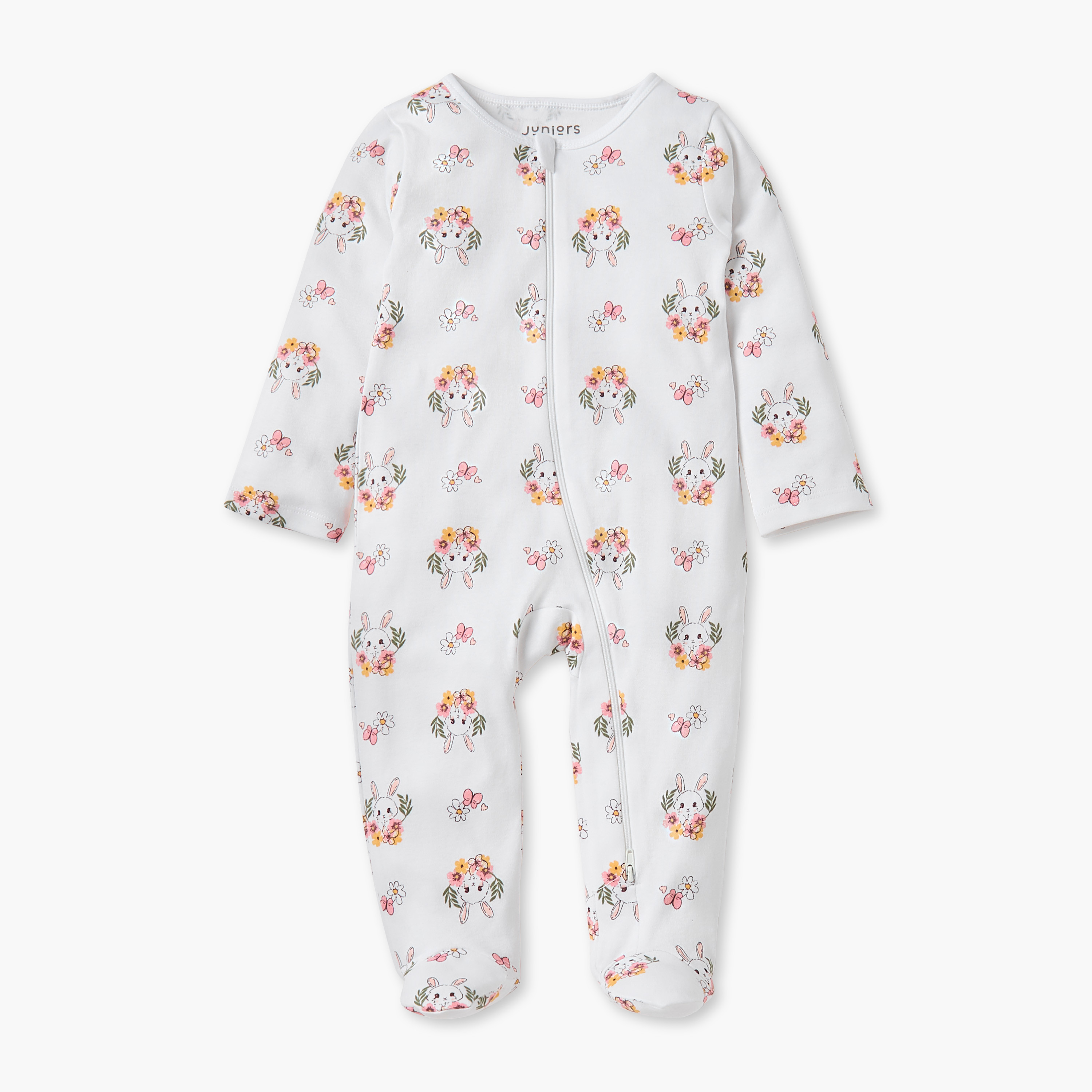 Juniors All-Over Bunny Print Closed Feet Sleepsuit with Long Sleeves-baby-girls-clothing-nightwear-sleepsuits-image-2