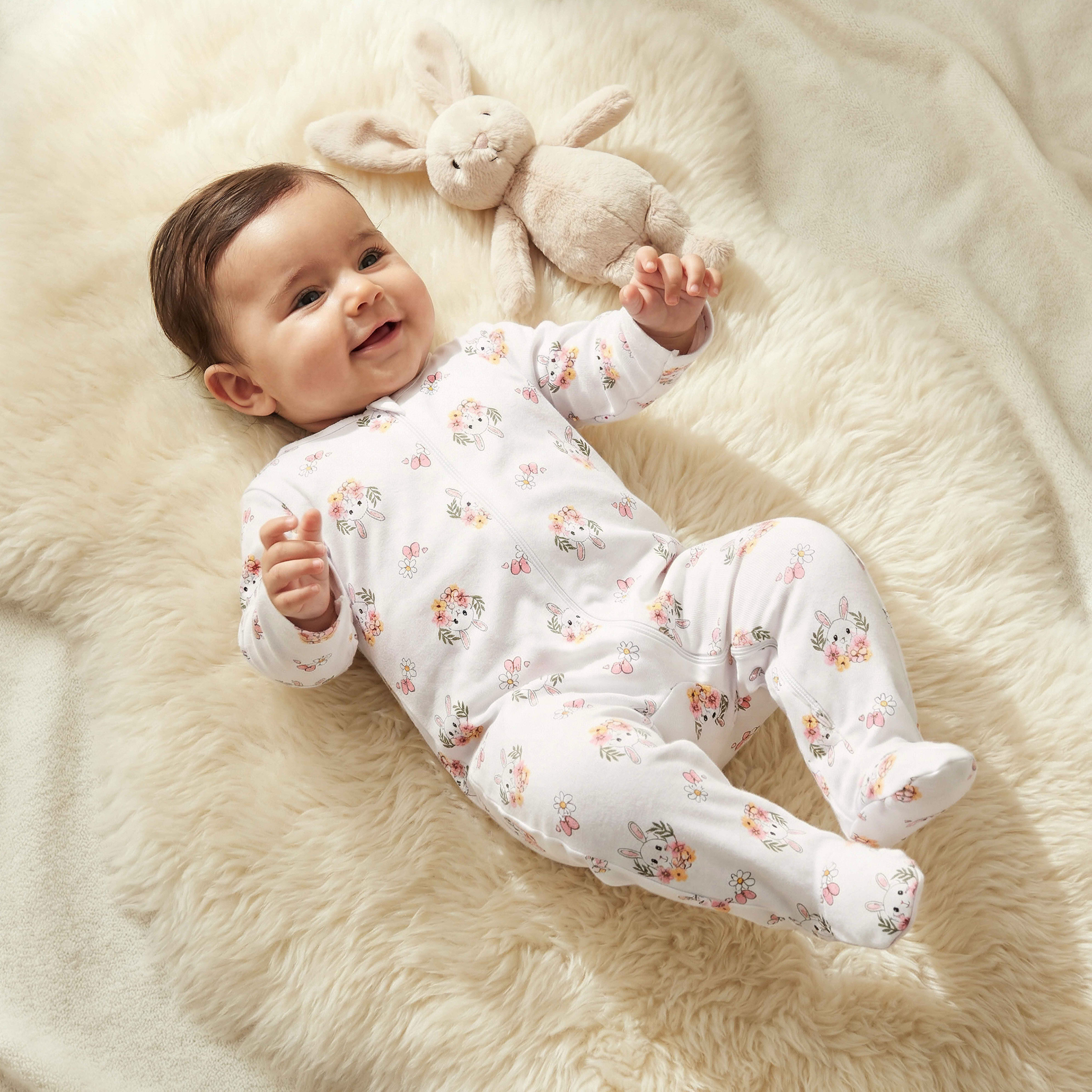 Juniors All-Over Bunny Print Closed Feet Sleepsuit with Long Sleeves-baby-girls-clothing-nightwear-sleepsuits-image-1